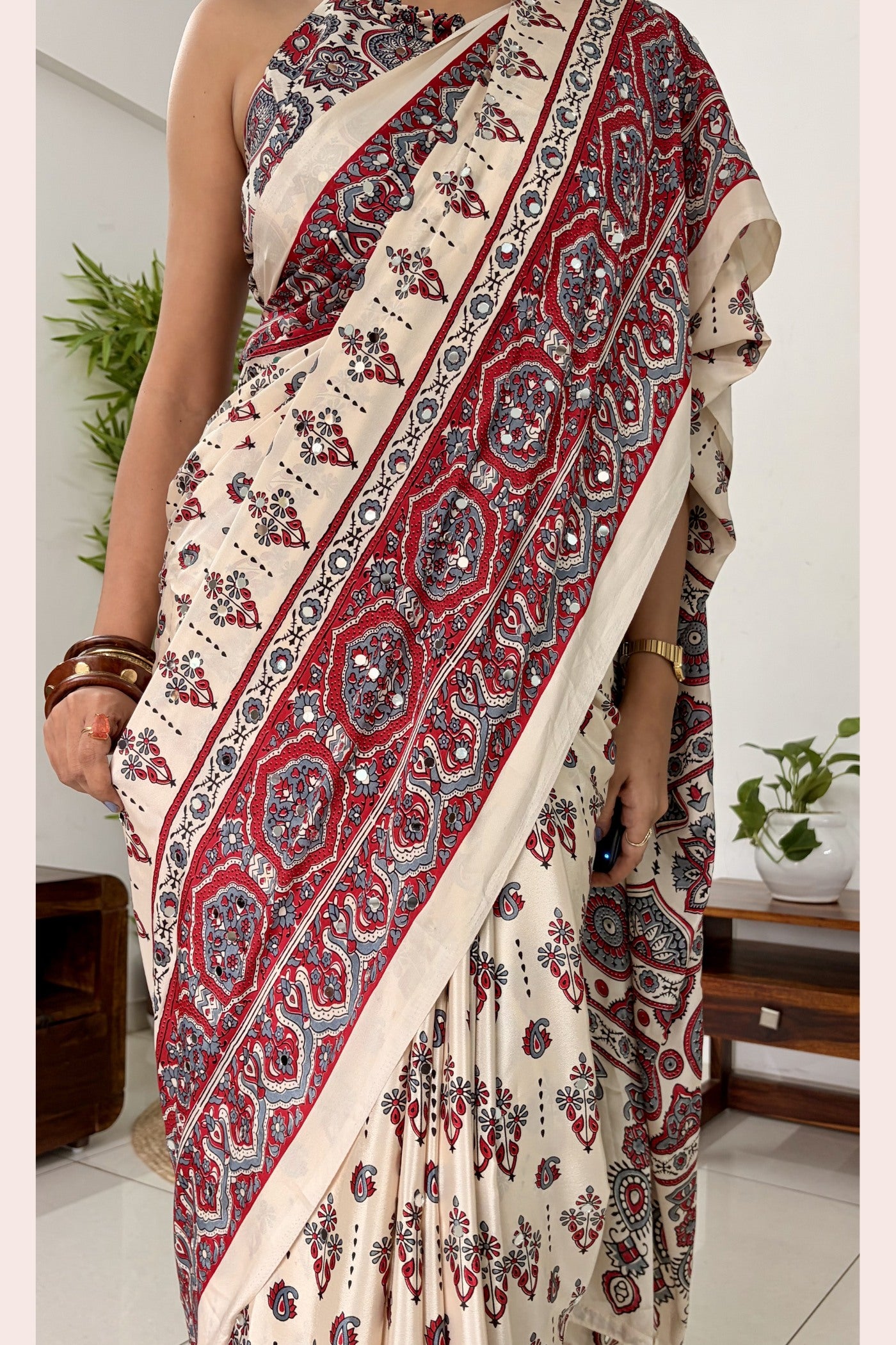 Buy MySilkLove Neutral Beige Modal Ajrakh Satin Printed Mirror Work Saree Online