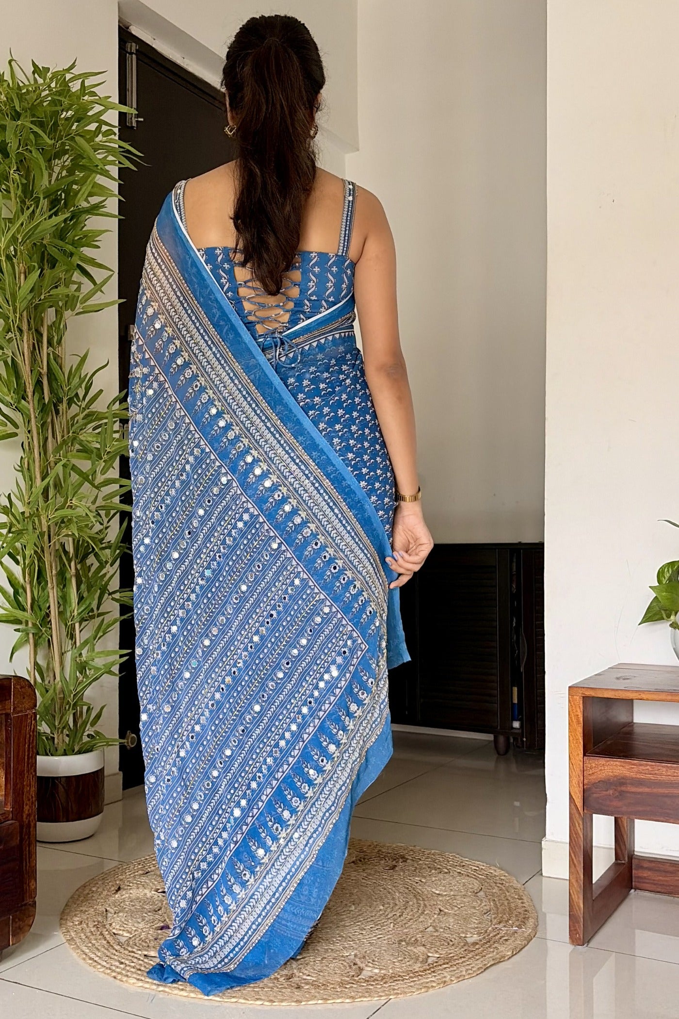 Buy MySilkLove Calypso Blue Ajrakh Georgette Printed Mirror Work Saree Online