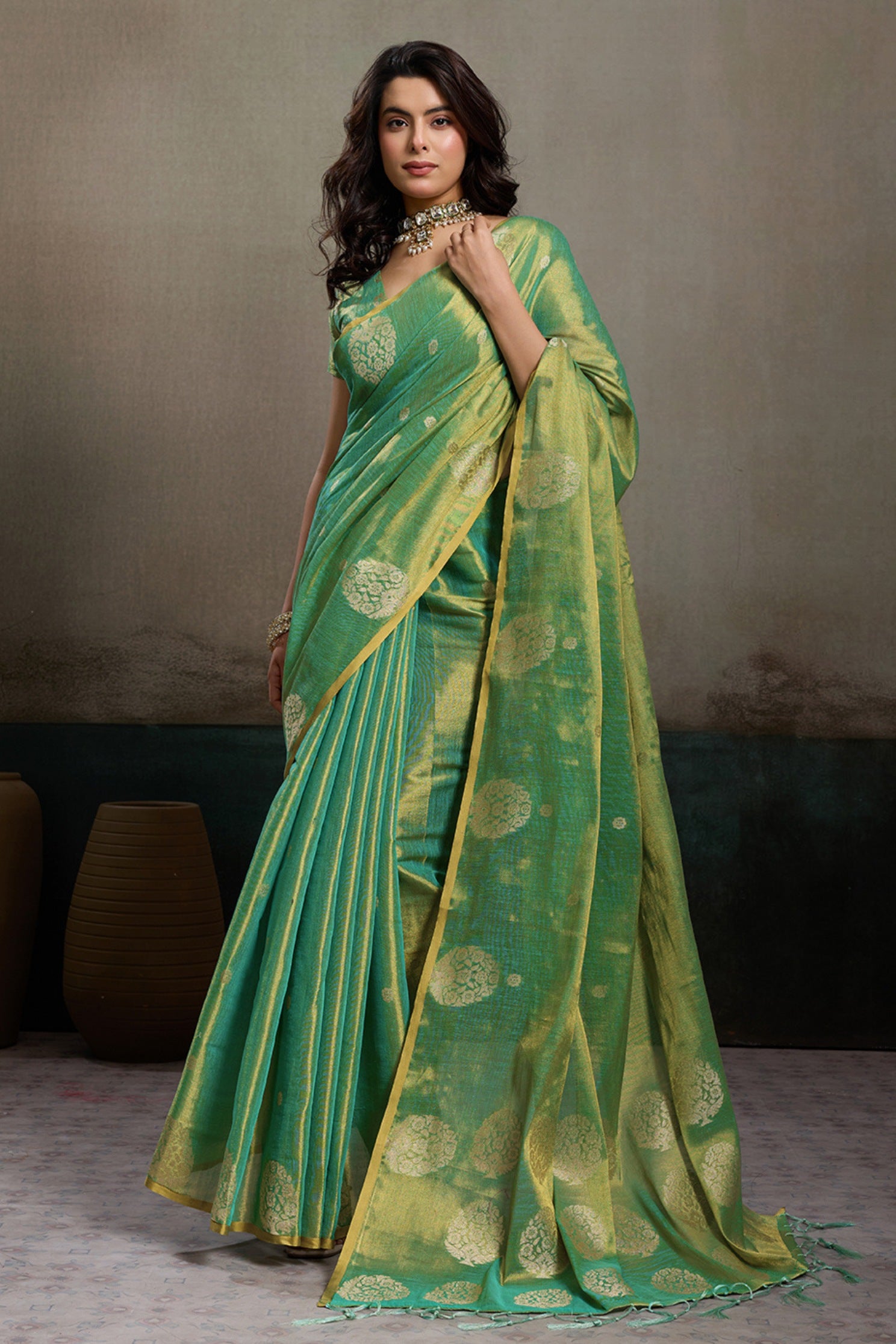 Buy MySilkLove Mint Green Woven Tissue Saree Online
