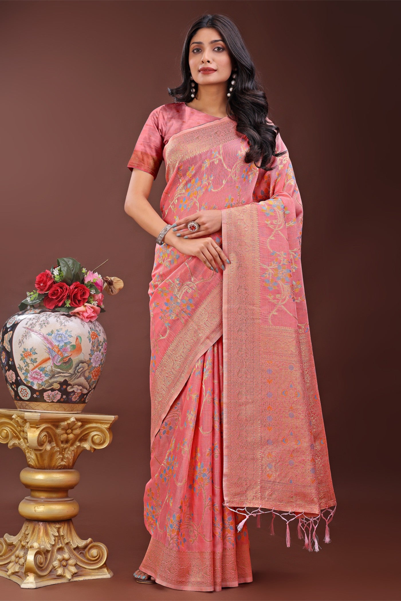 Buy MySilkLove Dusky Peach Linen Cotton Saree Online