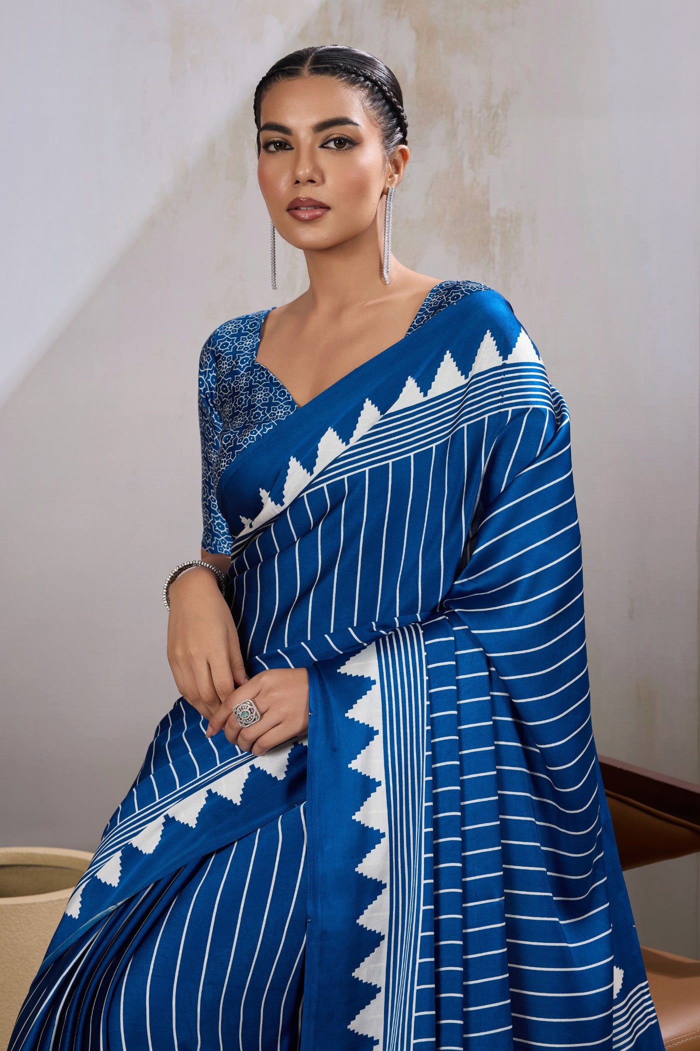 Buy MySilkLove Carolina Blue Ajrakh Printed Satin Crepe Silk Saree Online