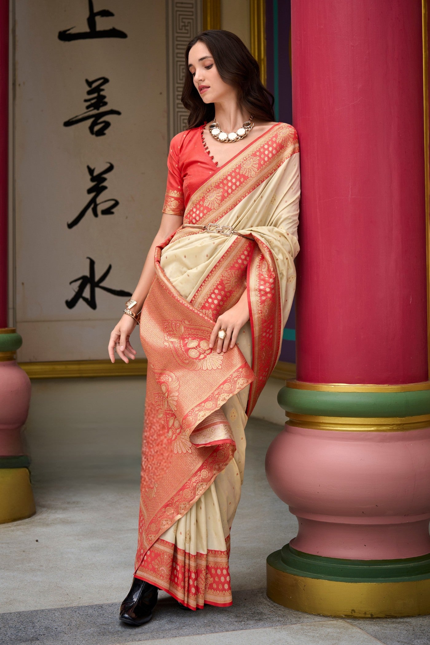 Buy MySilkLove Bisque Cream Woven Banarasi Saree Online