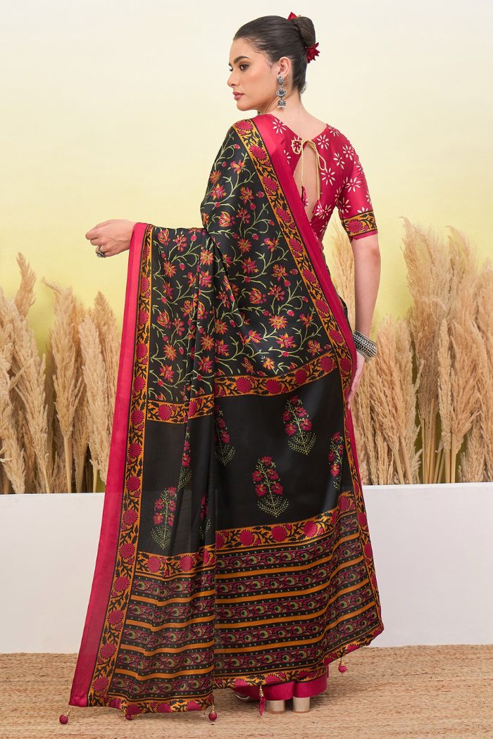 Buy MySilkLove Black Eel Modal Satin Printed Silk Saree Online