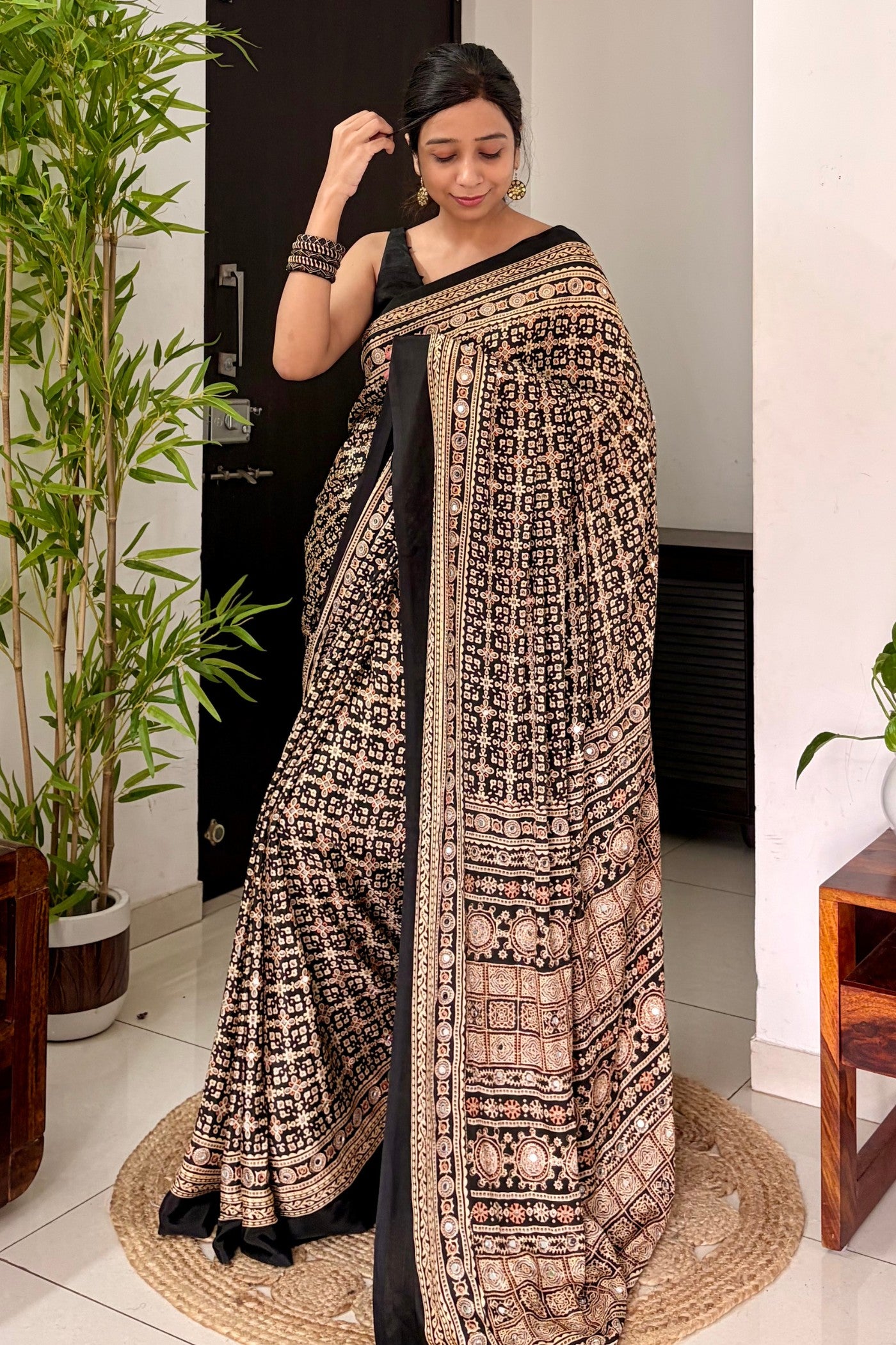 Buy MySilkLove Metal Black Modal Ajrakh Satin Printed Mirror Work Saree Online