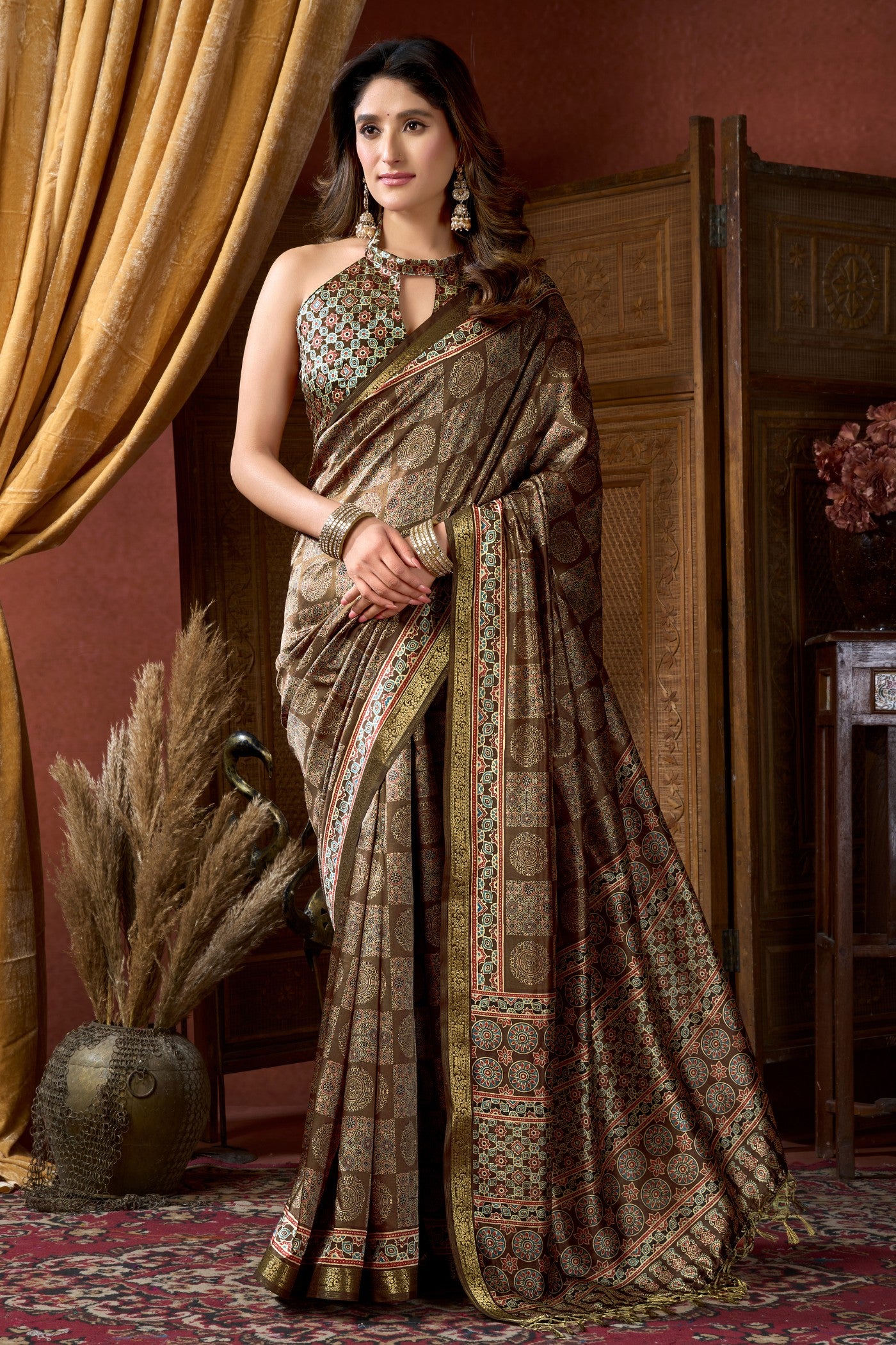 Buy MySilkLove Forest Green Ajrakh Printed Saree Online