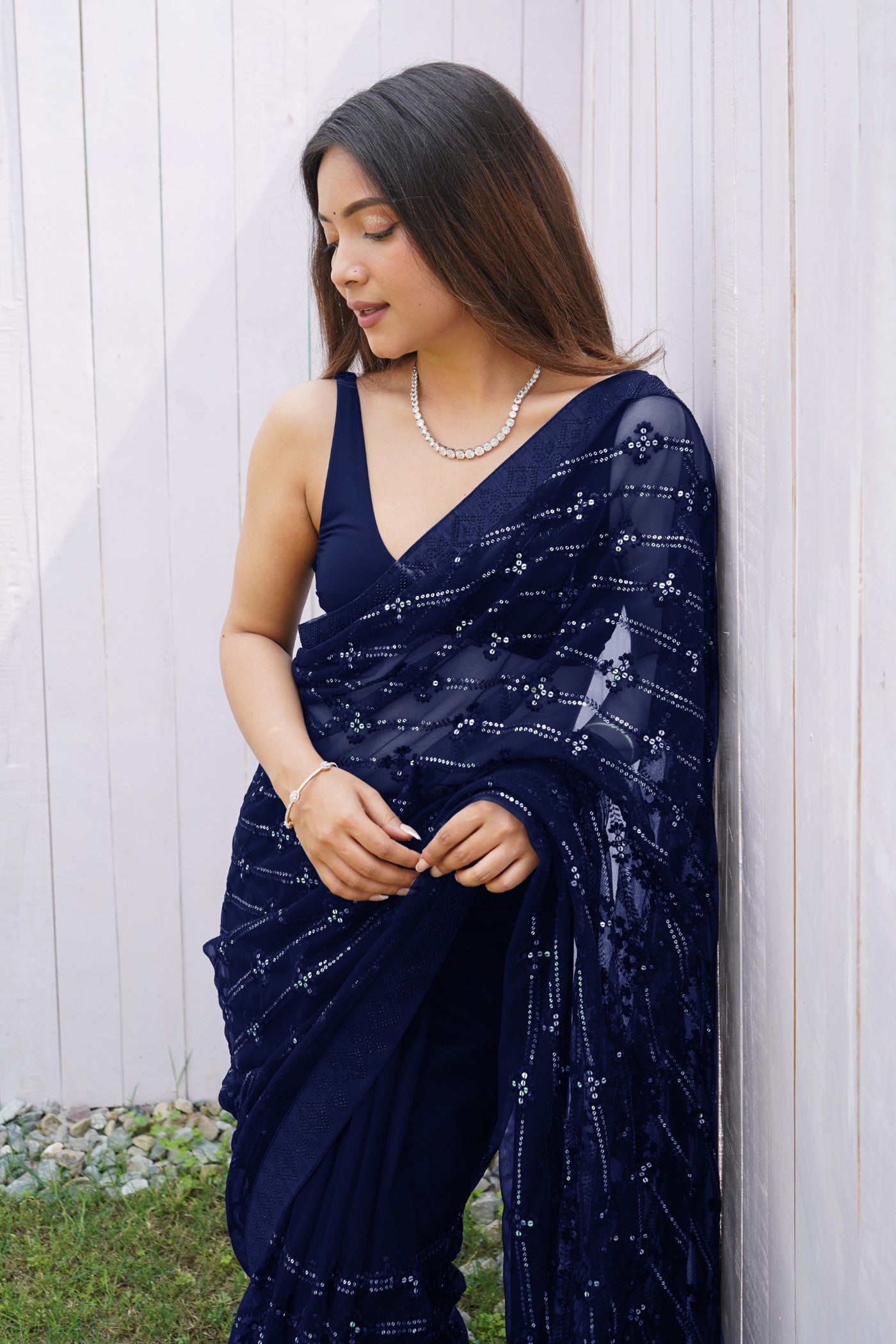 Buy MySilkLove Berry Blue Embroidered Partywear Saree Online