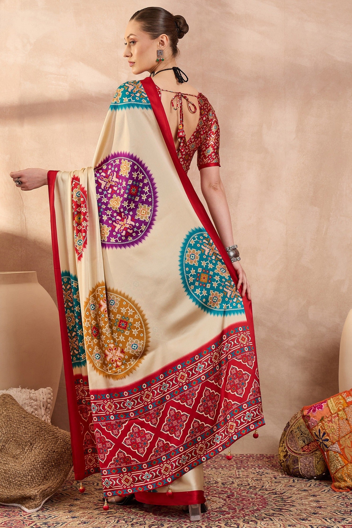 Buy MySilkLove Bright Cream and Red Modal Ajrakh Printed Silk Saree Online