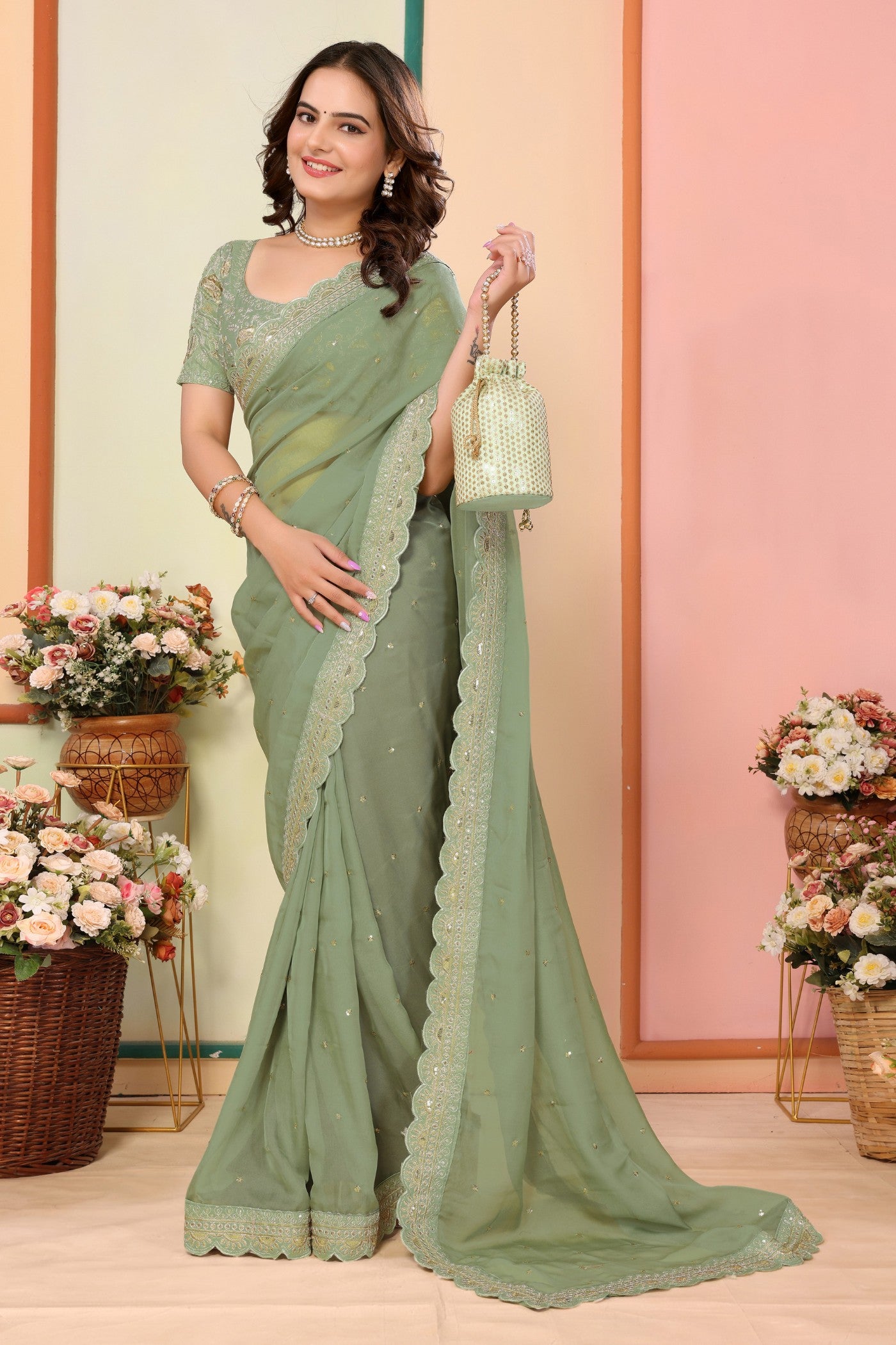 Buy MySilkLove Chartreuse Green Organza Designer Partywear Saree Online