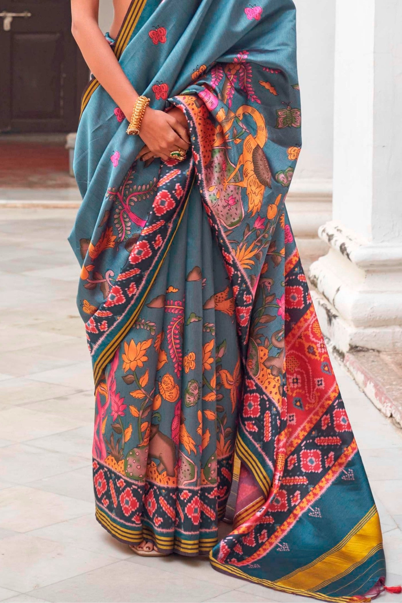 Buy MySilkLove Stratton Blue Printed Patola Saree Online