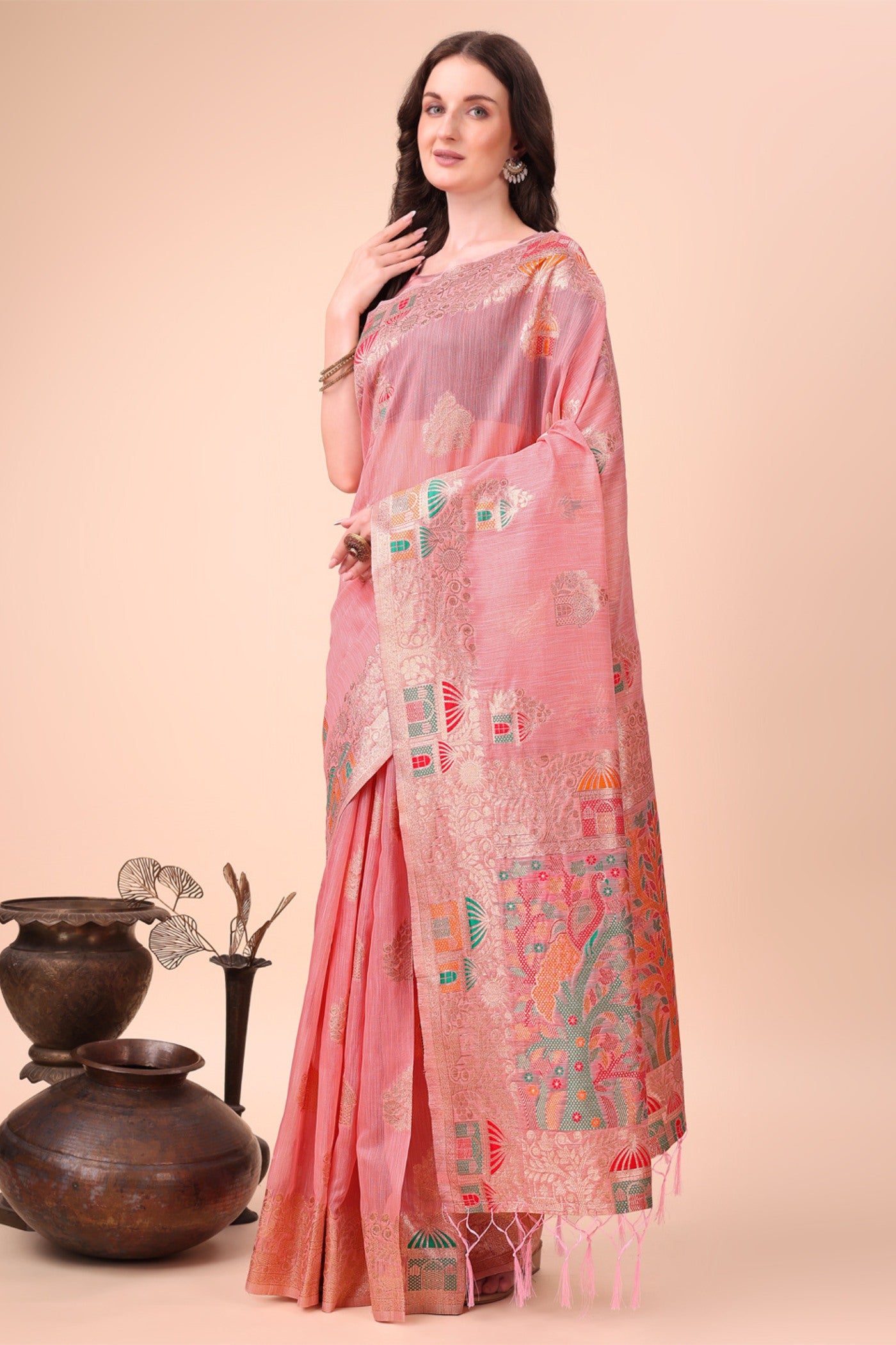 Buy MySilkLove Melon Pink Linen Cotton Saree Online