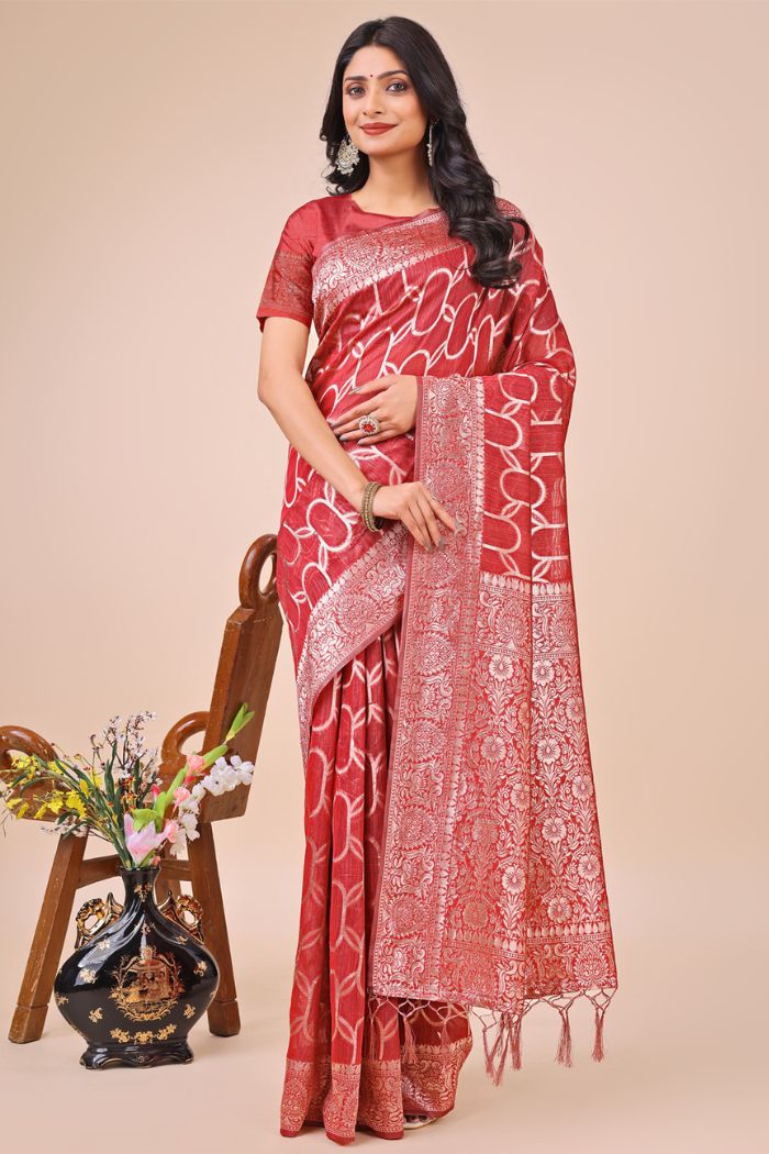 Buy MySilkLove Tropical Peach Linen Cotton Saree Online