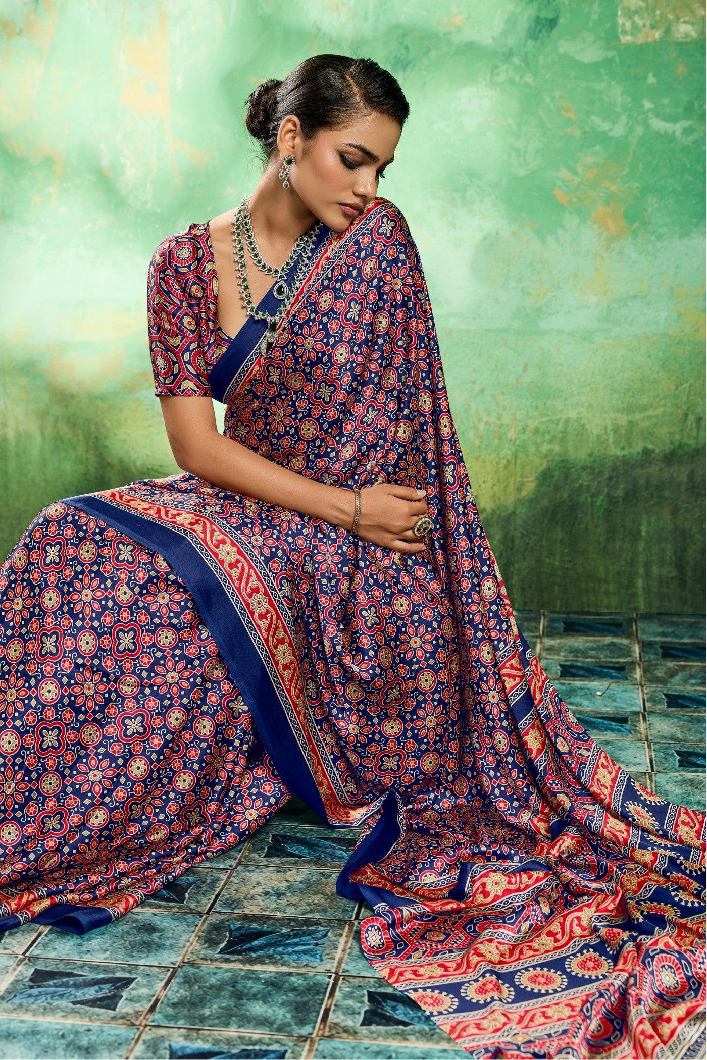 Buy MySilkLove Crystal Blue Modal Ajrakh Satin Printed Silk Saree Online