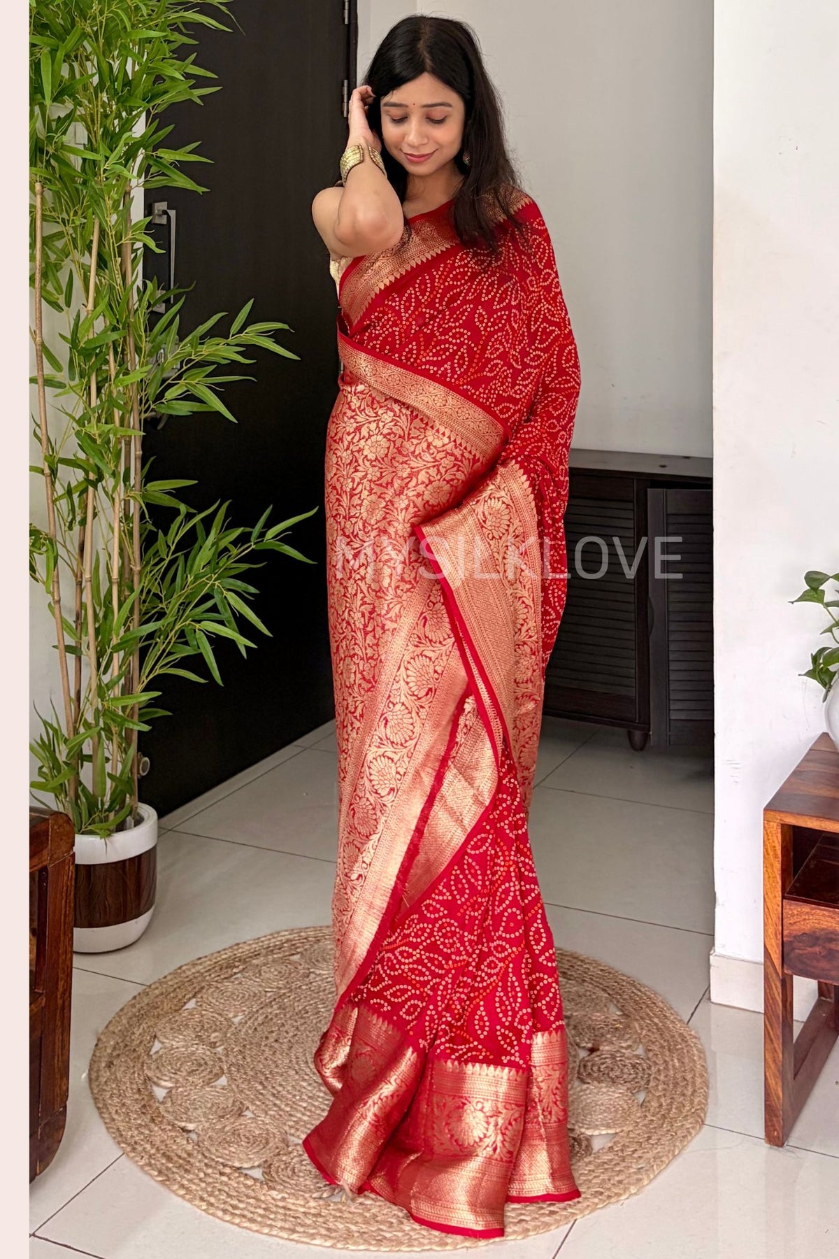 Buy MySilkLove Canary Red Bandhani Zari Woven Silk Saree Online
