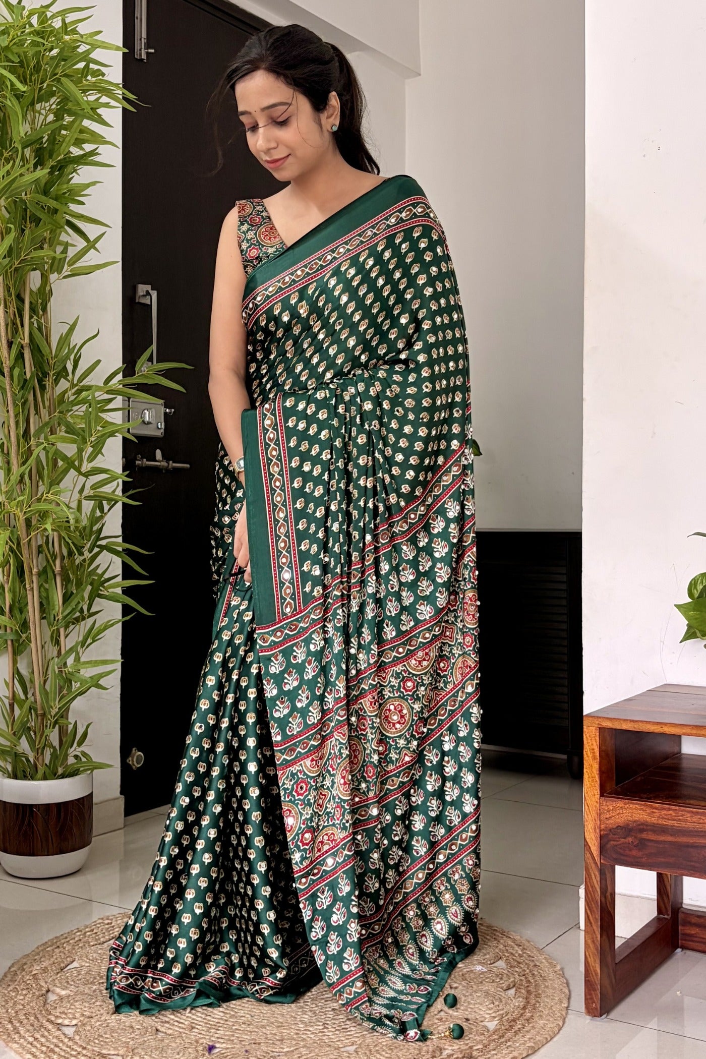 Buy MySilkLove Hunter Green Modal Ajrakh Satin Printed Mirror Work Saree Online