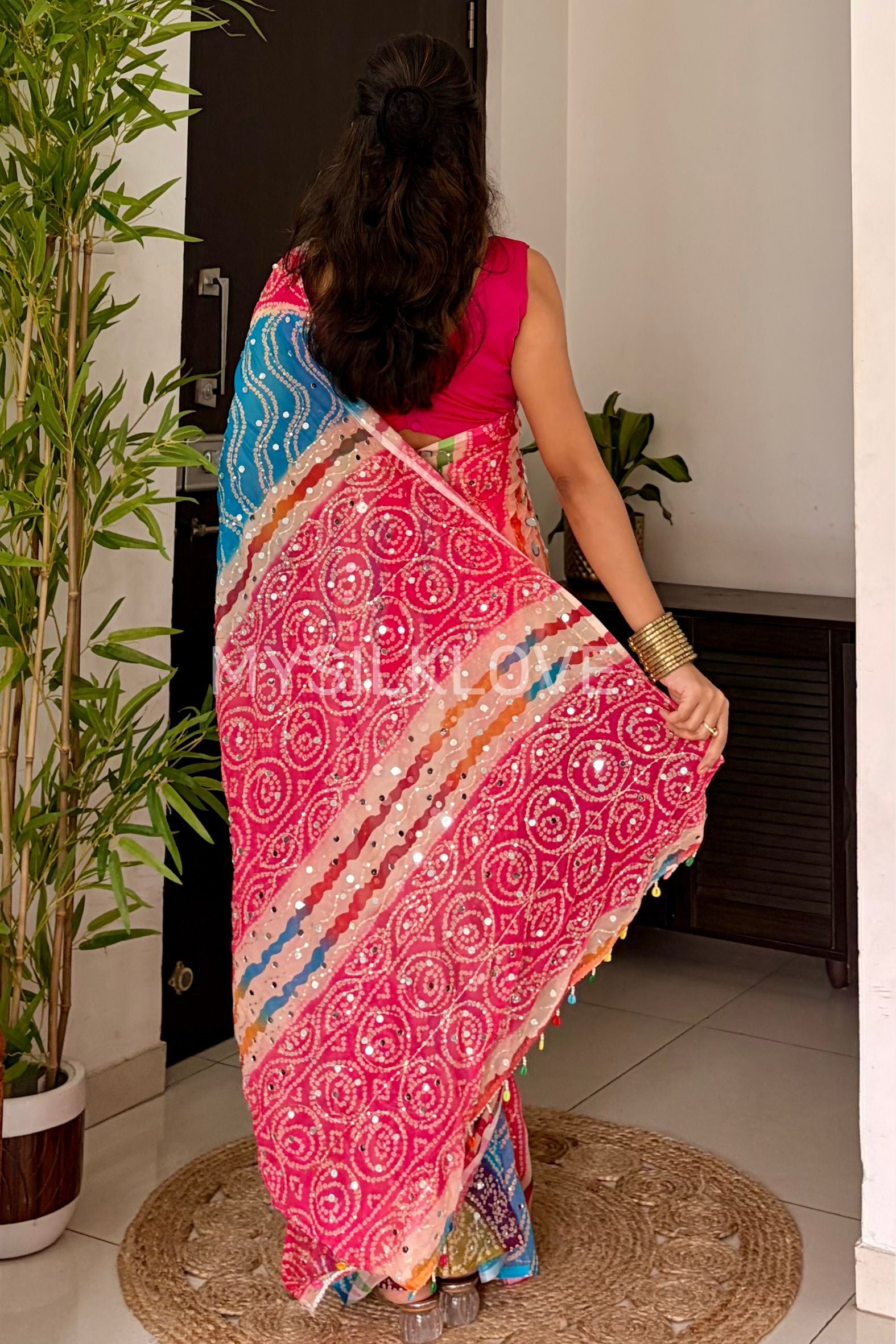 Buy MySilkLove Zareen Khan Inspired: Pink and Blue Pure Georgette Mirror Work Saree Online
