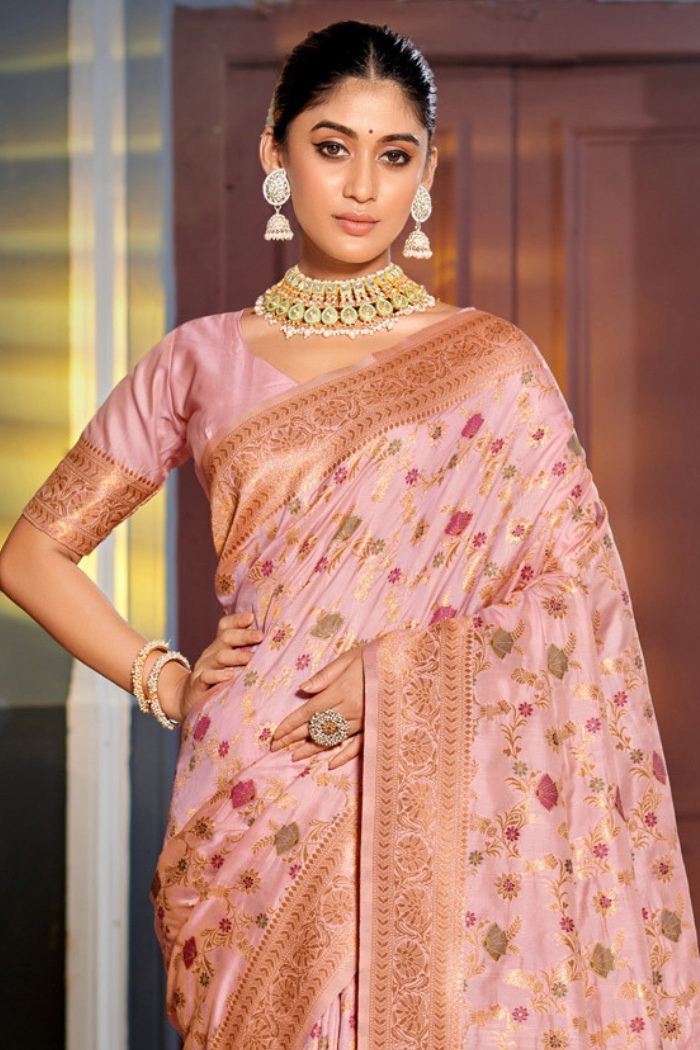 Buy MySilkLove Beauty Pink Zari Woven Banarasi Saree Online
