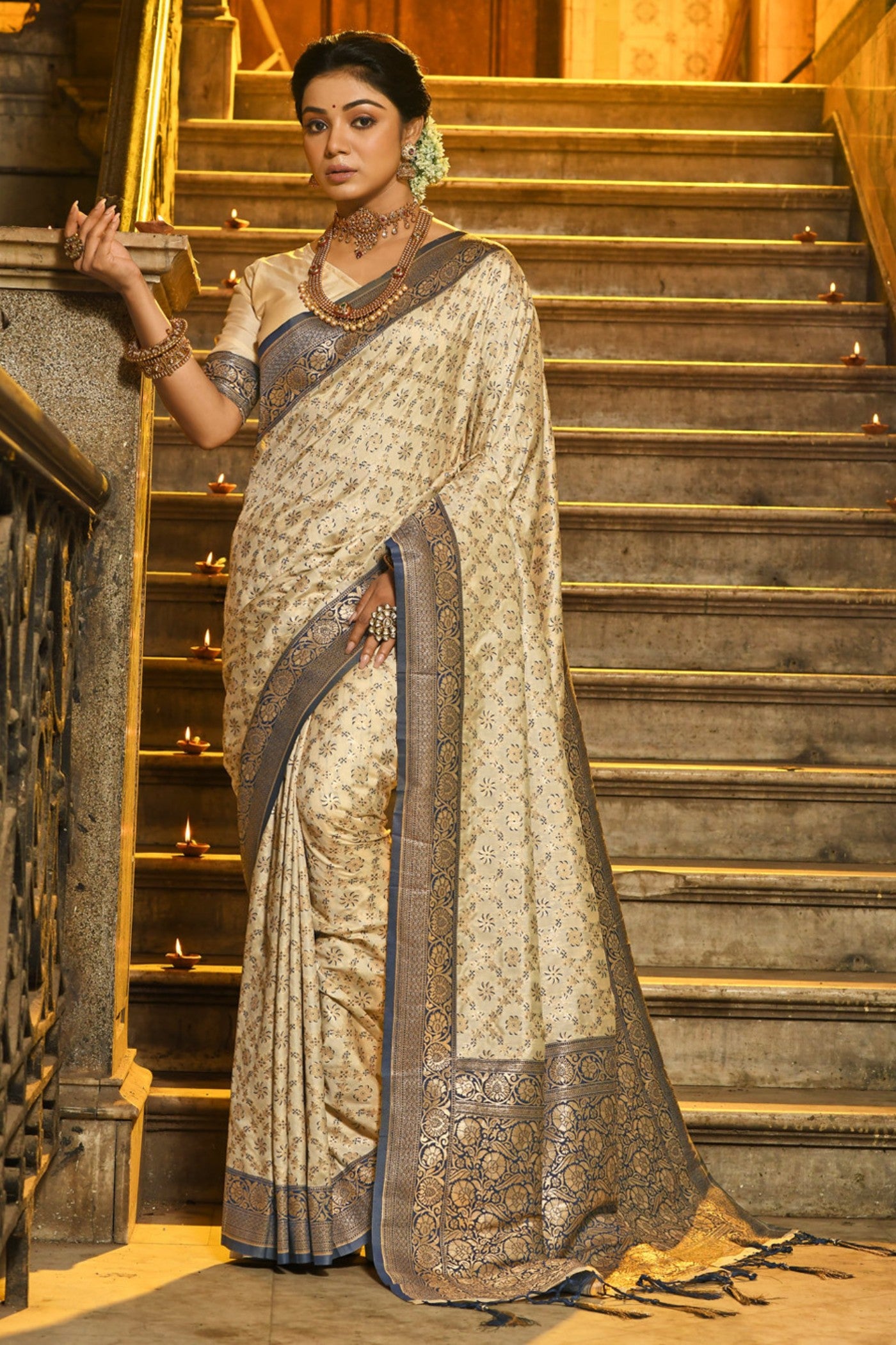 Buy MySilkLove Parchment Cream Woven Banarasi Saree Online