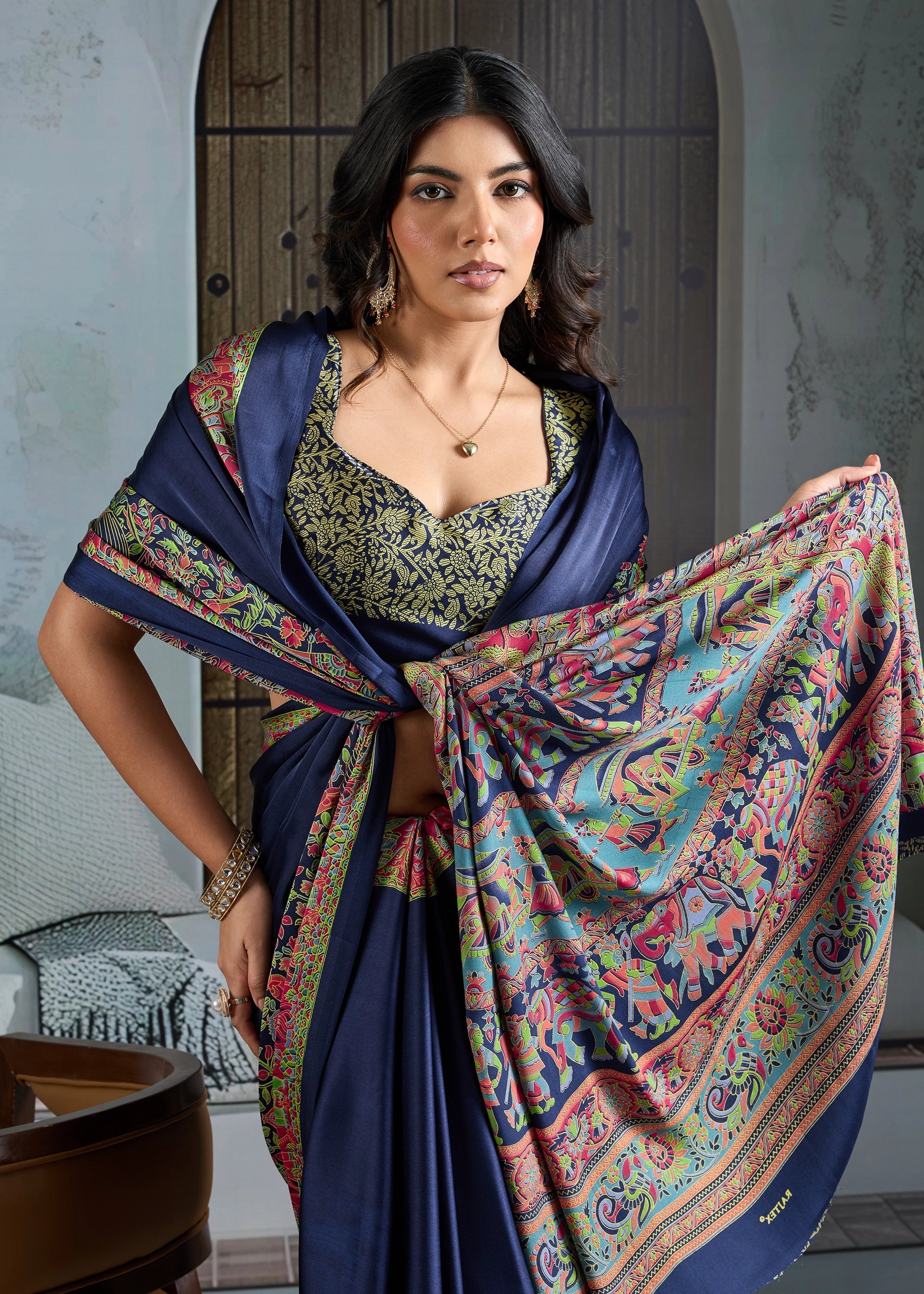 Buy MySilkLove Vivid Blue Printed Satin Crepe Silk Saree Online