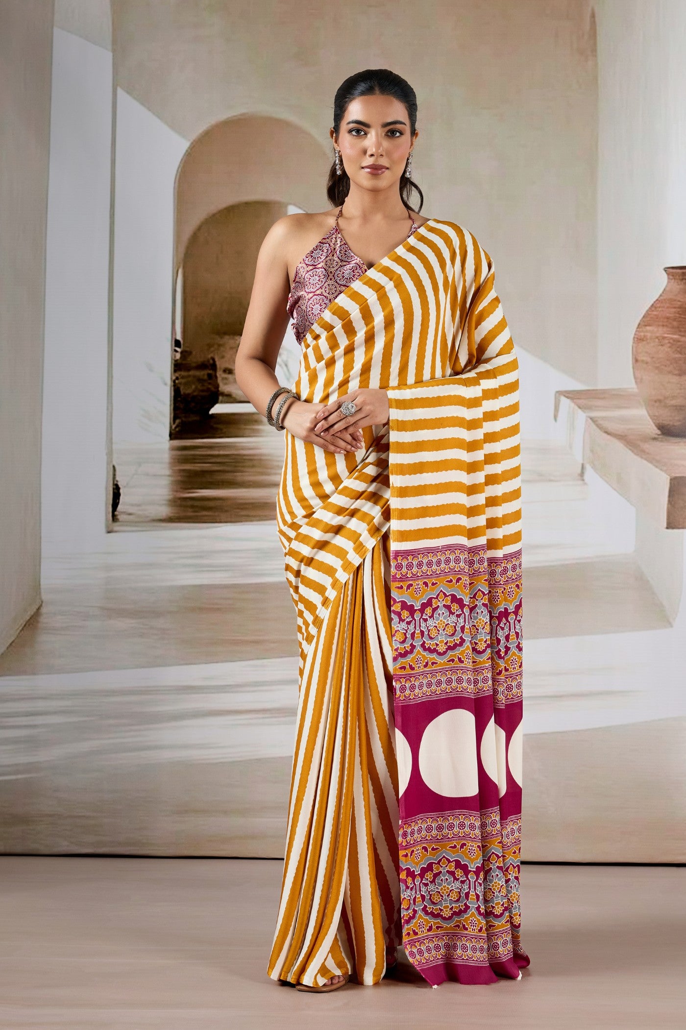 Buy MySilkLove Mango Pop Yellow Stripe Ajrakh Printed Satin Crepe Silk Saree Online