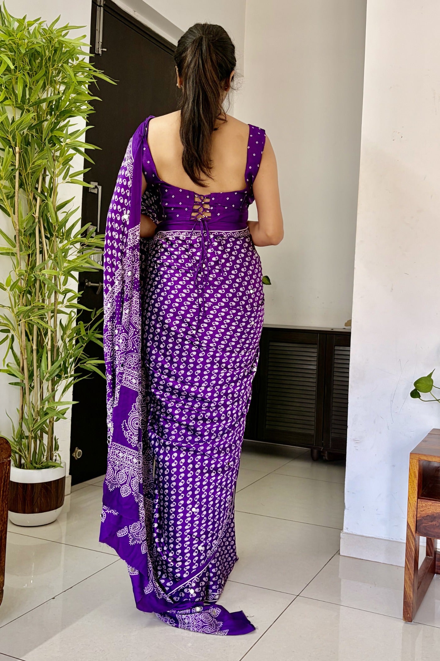 Buy MySilkLove True Purple Modal Ajrakh Satin Printed Mirror Work Saree Online