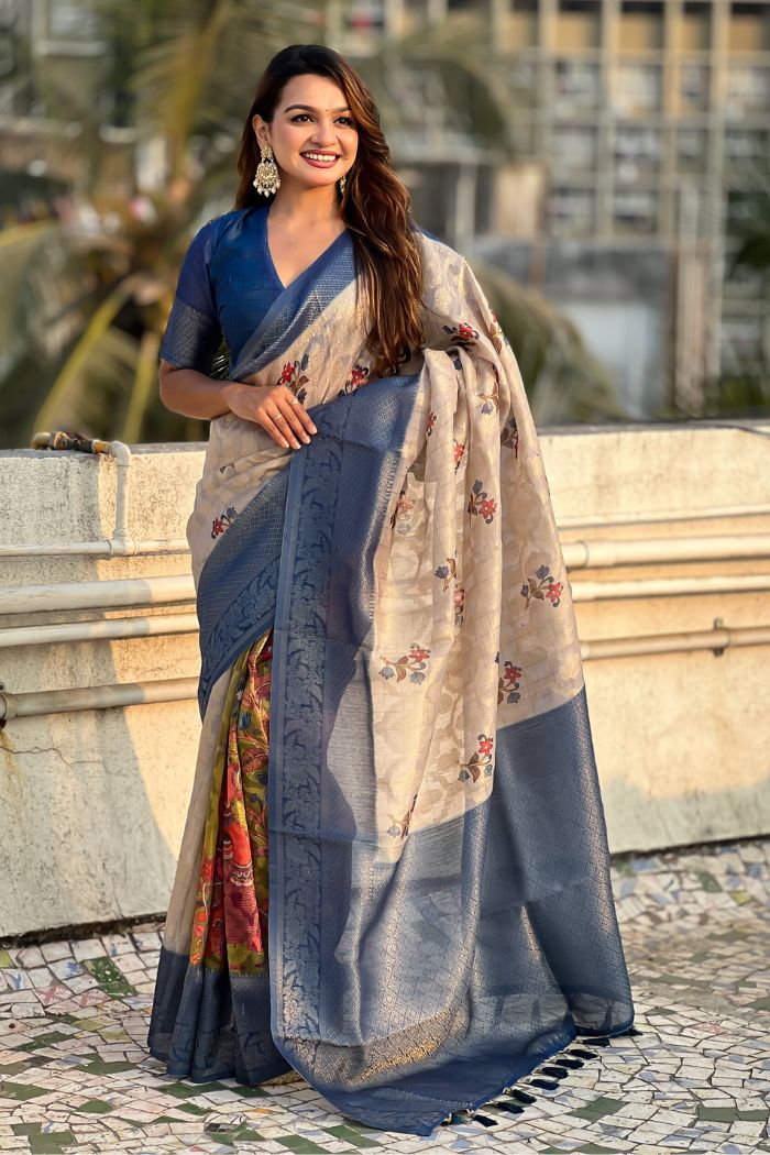 Buy MySilkLove Dust Cream and Blue Woven Cotton Saree Online