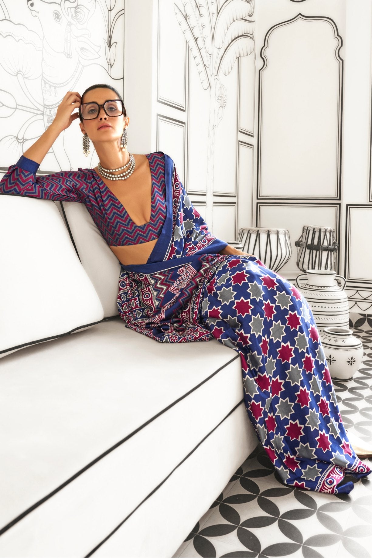 Buy MySilkLove Comet Purple Printed Ajrakh Satin Crepe Saree Online
