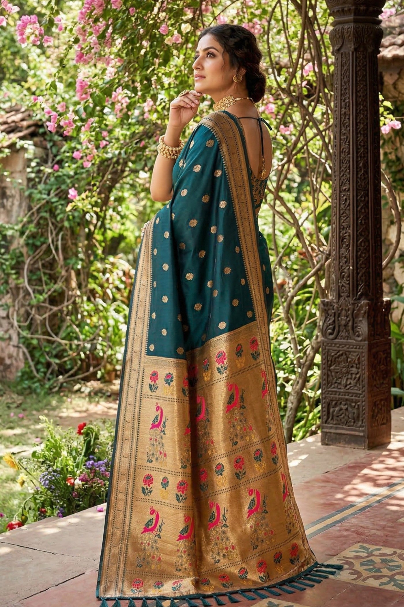 Buy MySilkLove Bottle Green Zari Woven Paithani Saree Online