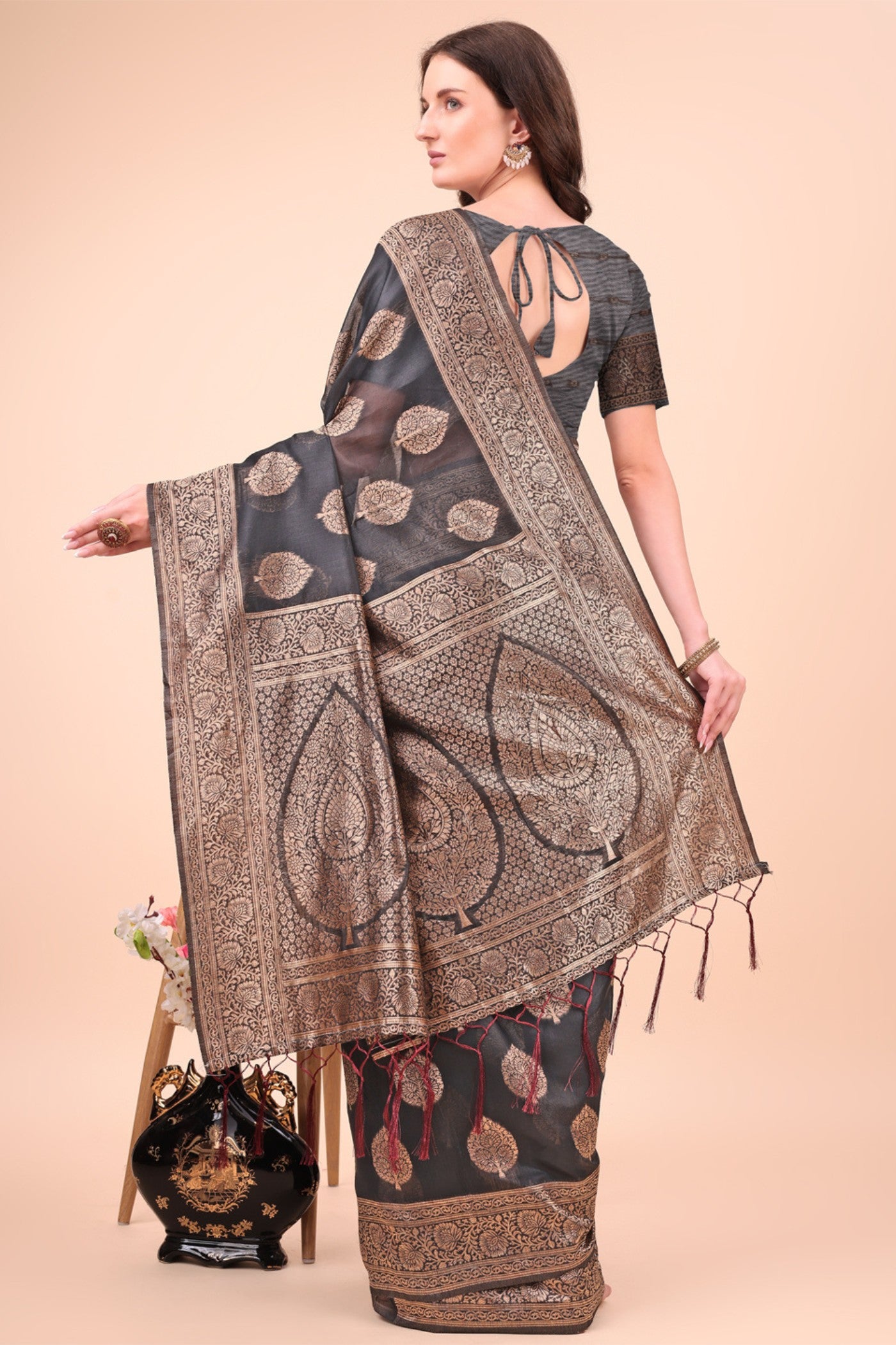 Buy MySilkLove Raven Black Woven Cotton Saree Online