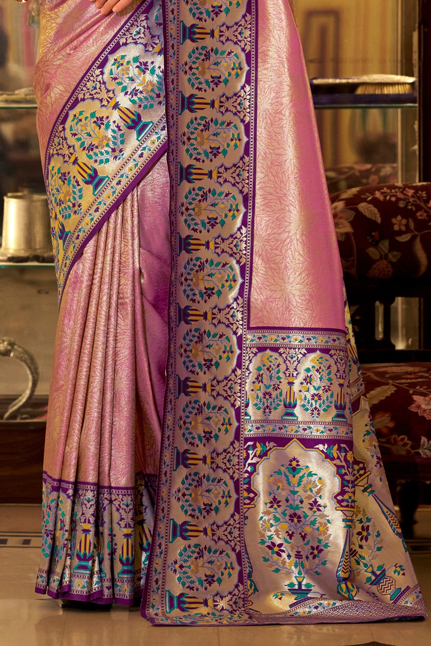 Buy MySilkLove New York Pink Woven Tissue Silk Saree Online