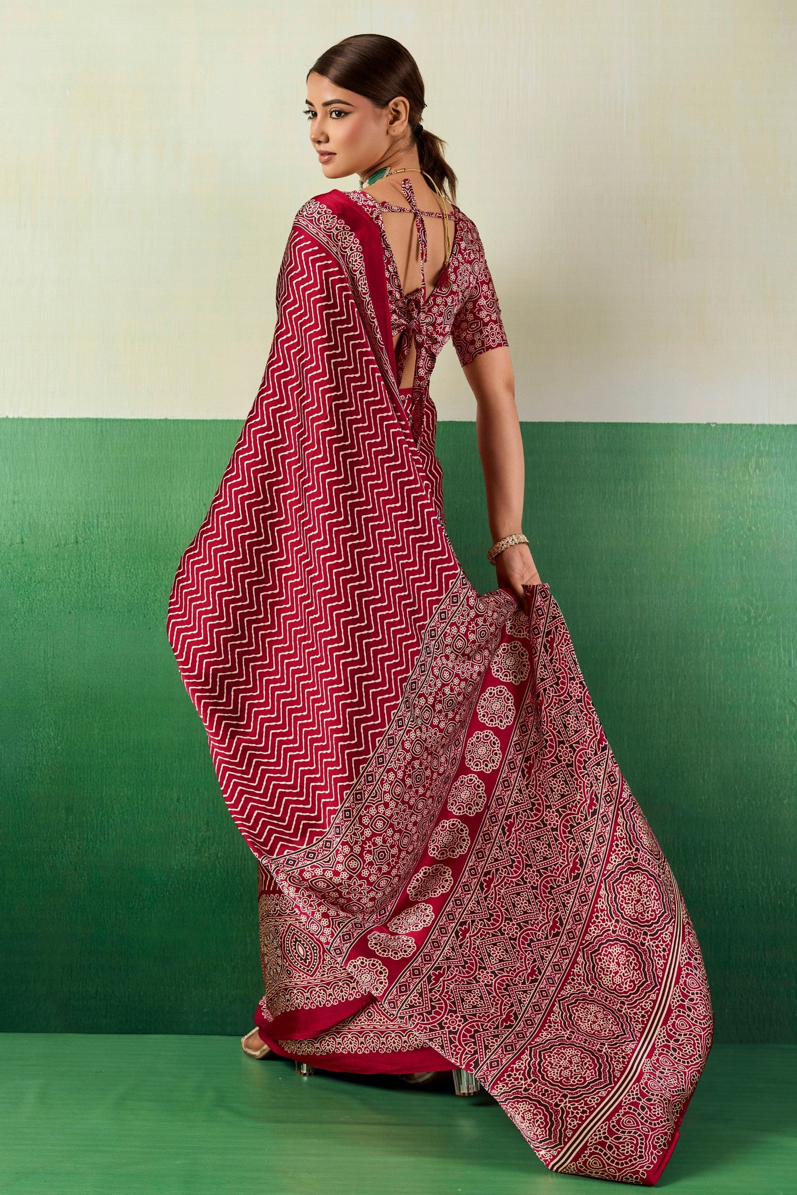 Buy MySilkLove Bittersweet Red Modal Ajrakh Satin Printed Silk Saree Online