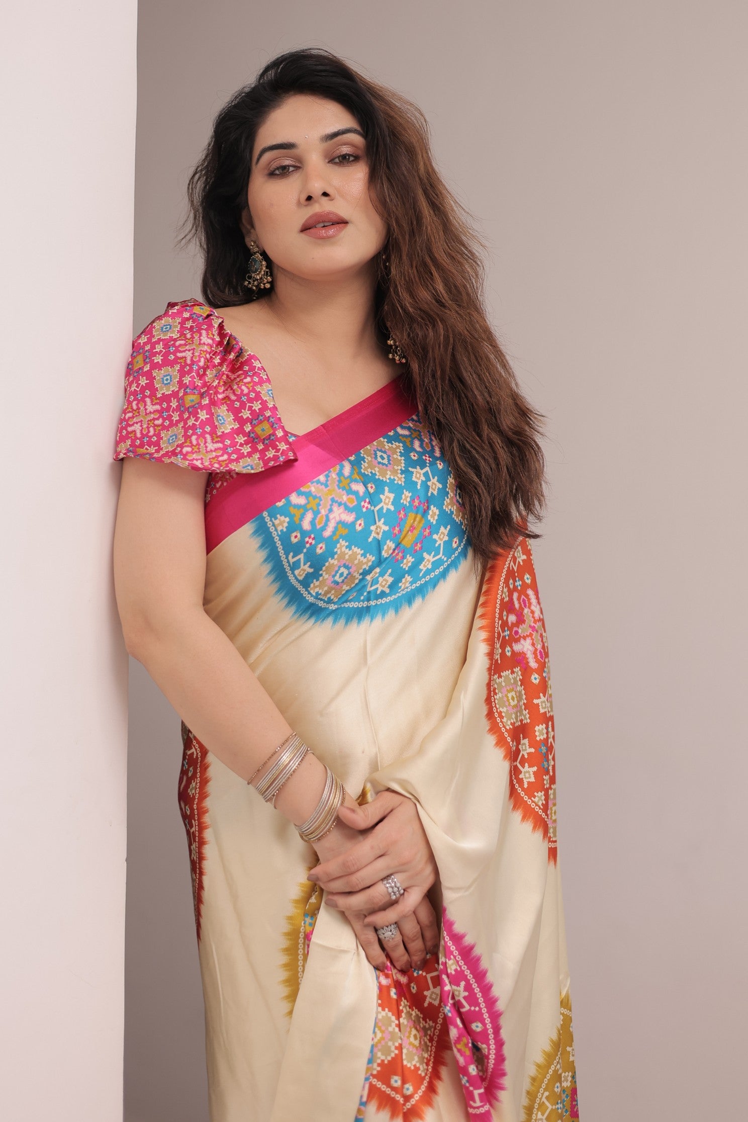 Buy MySilkLove Vanilla Cream and Pink Modal Ajrakh Printed Silk Saree Online