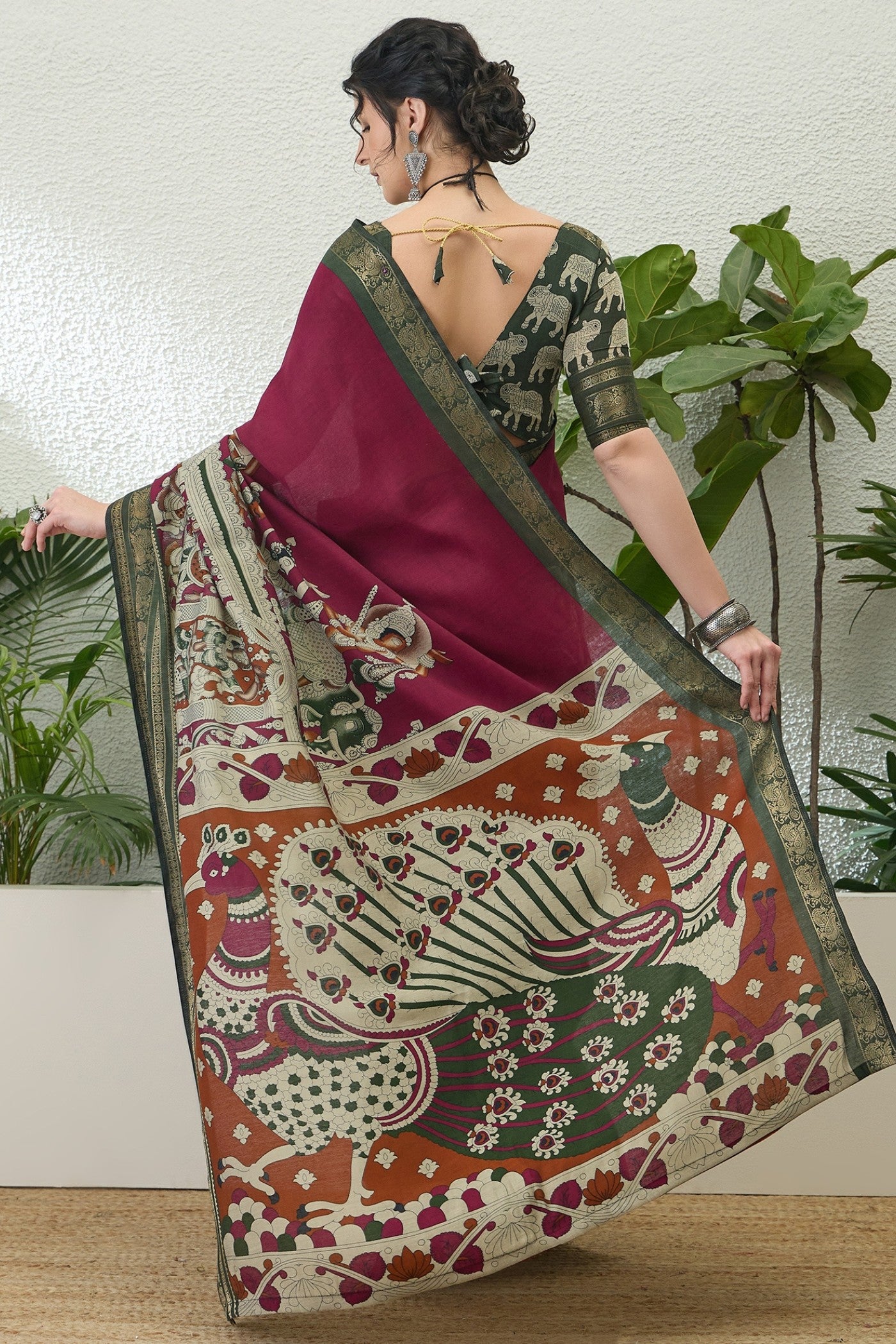Buy MySilkLove Dark Tan Maroon Printed Cotton Saree Online