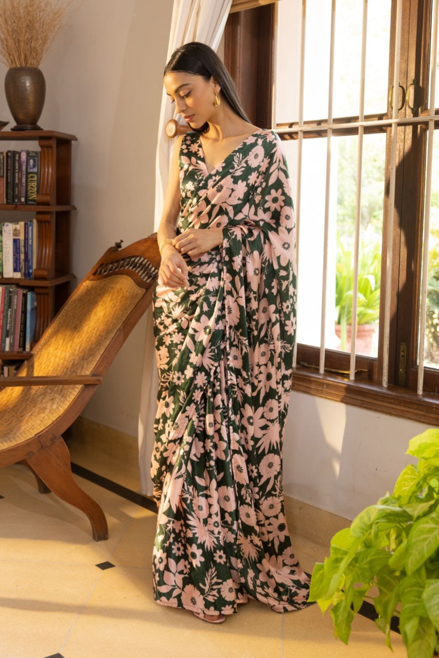 Buy MySilkLove Kelly Green Floral Printed Satin Silk Saree Online