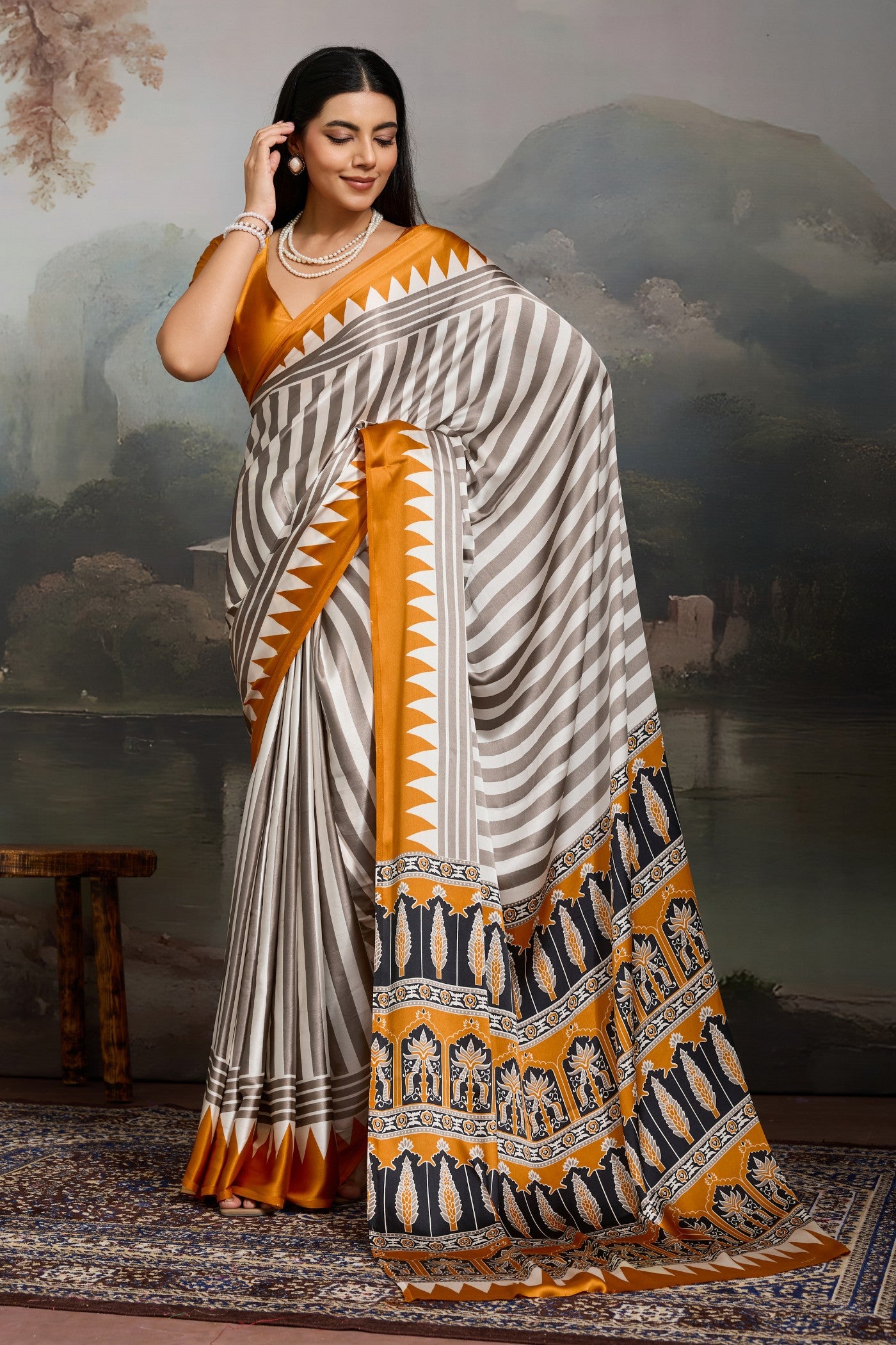 Buy MySilkLove Bone White and Yellow Ajrakh Printed Satin Crepe Silk Saree Online