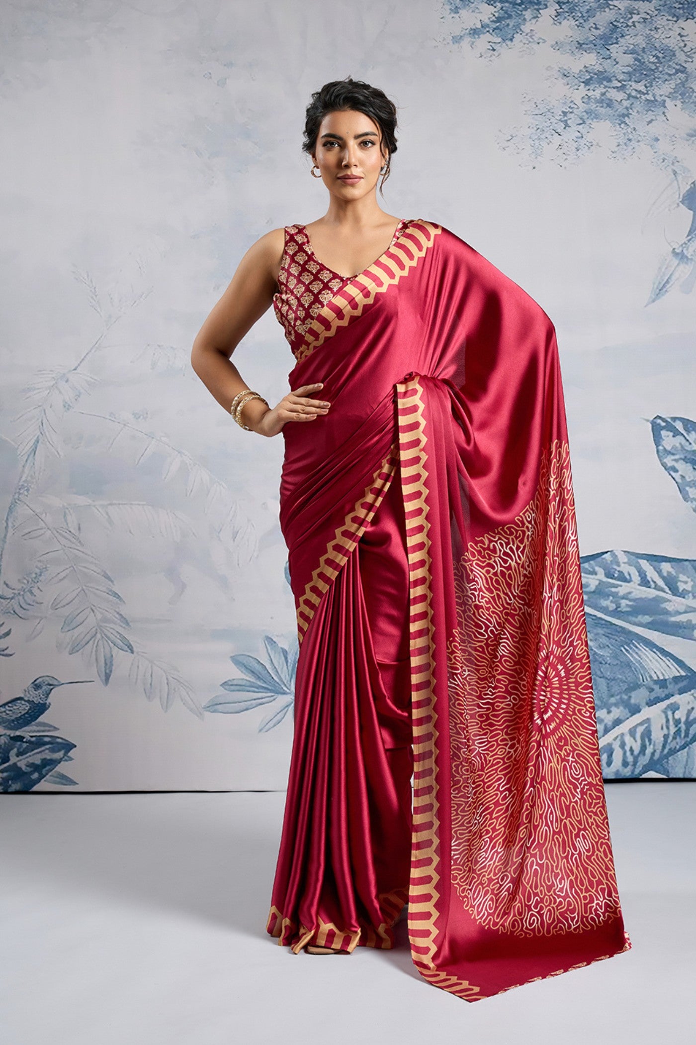 Buy MySilkLove Spark Red Printed Satin Crepe Silk Saree Online