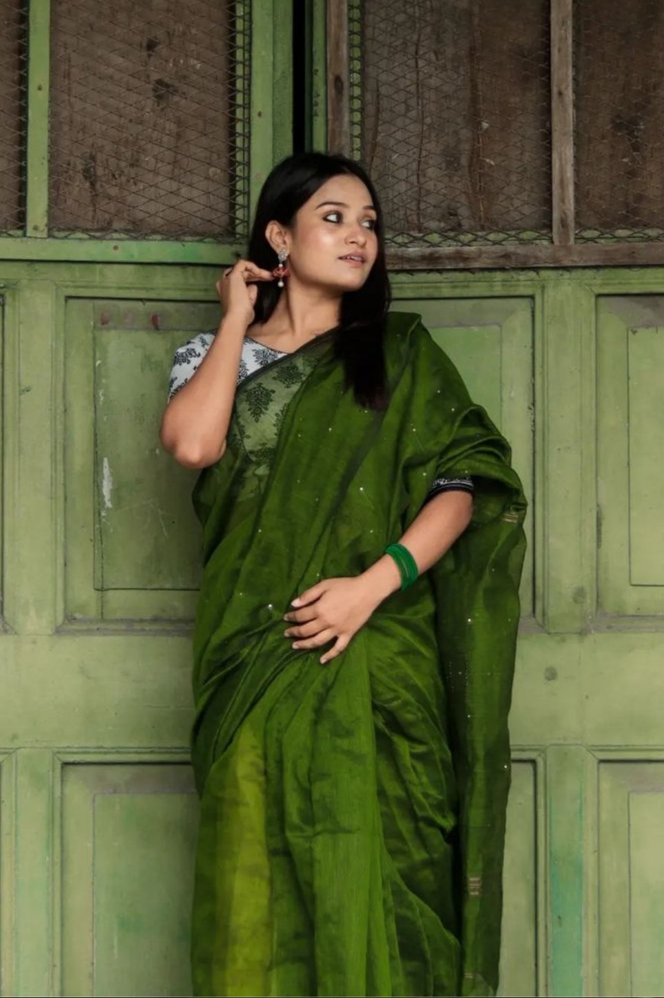 Buy MySilkLove Leaf Green Cotton Sequence Saree Online
