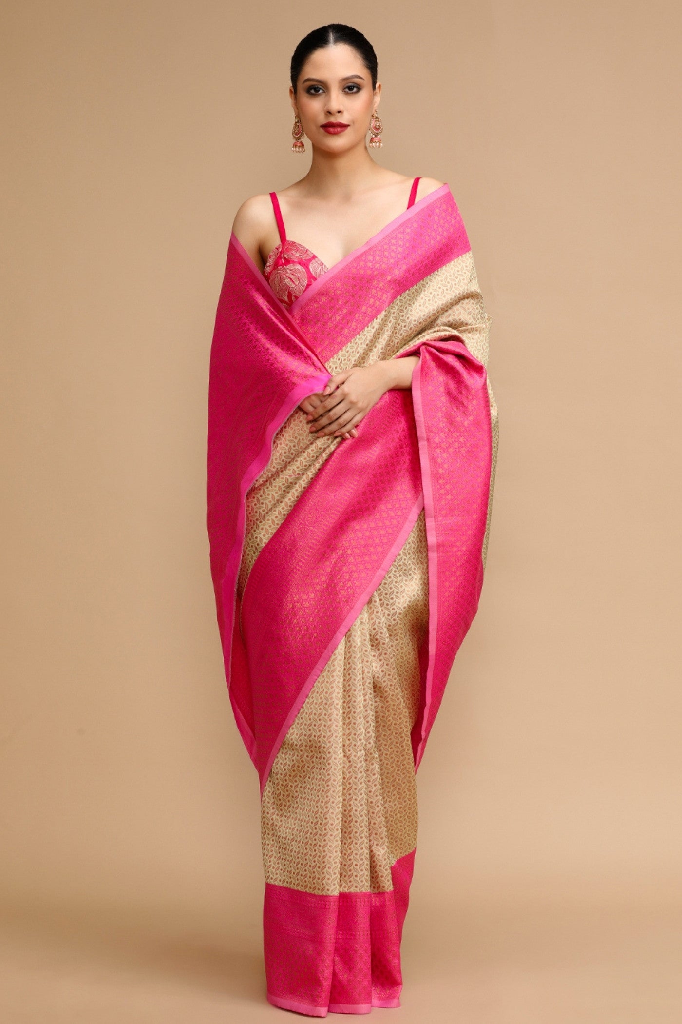 Buy MySilkLove Beige and Pink Woven Jacquard Lichi Silk Saree Online