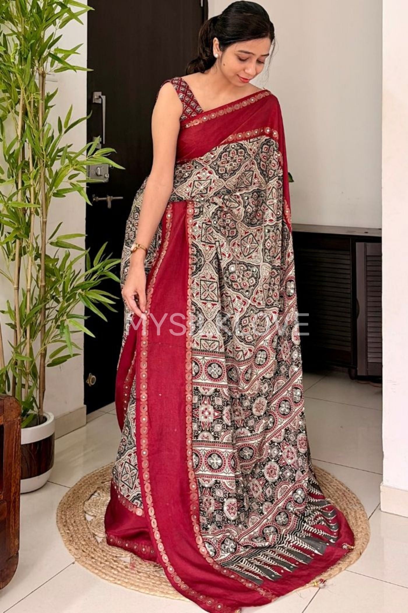 Buy MySilkLove Maroon Border Black and White Ajrakh Printed Satin Silk Saree Online