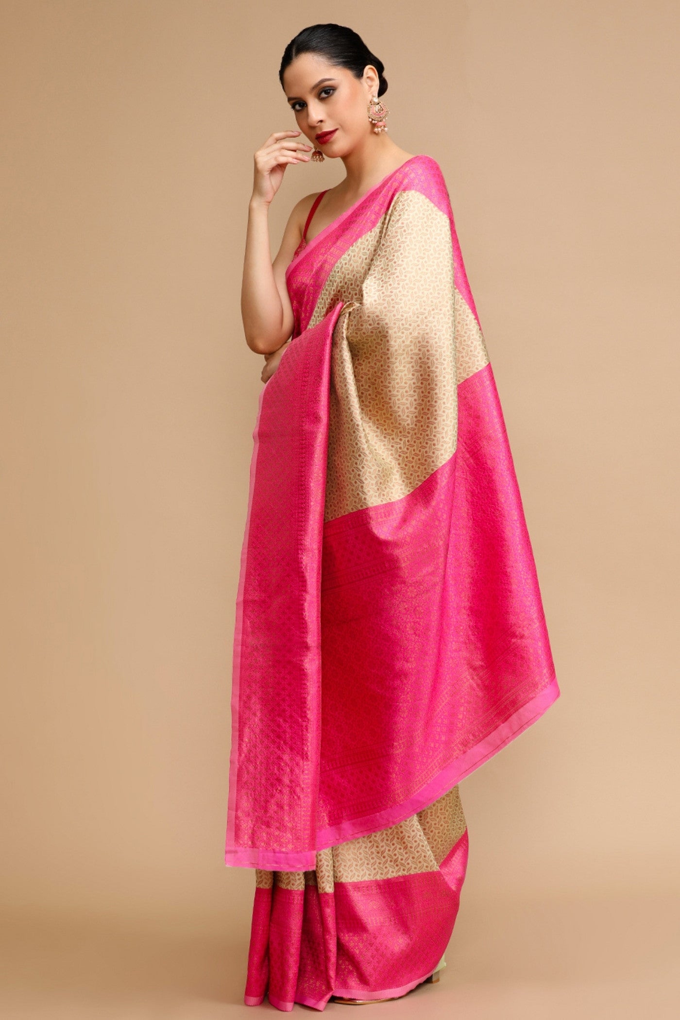 Buy MySilkLove Beige and Pink Woven Jacquard Lichi Silk Saree Online