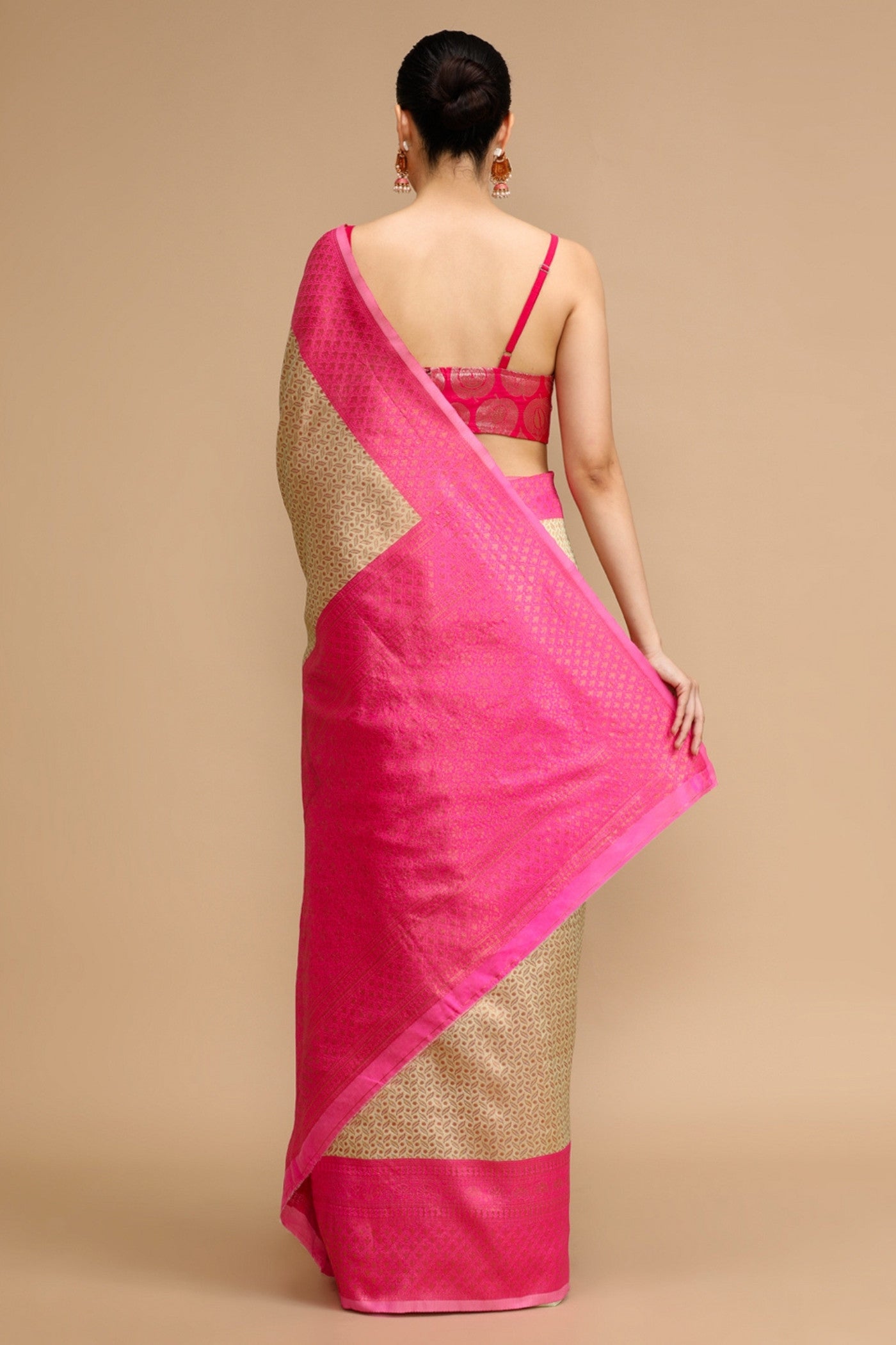 Buy MySilkLove Beige and Pink Woven Jacquard Lichi Silk Saree Online
