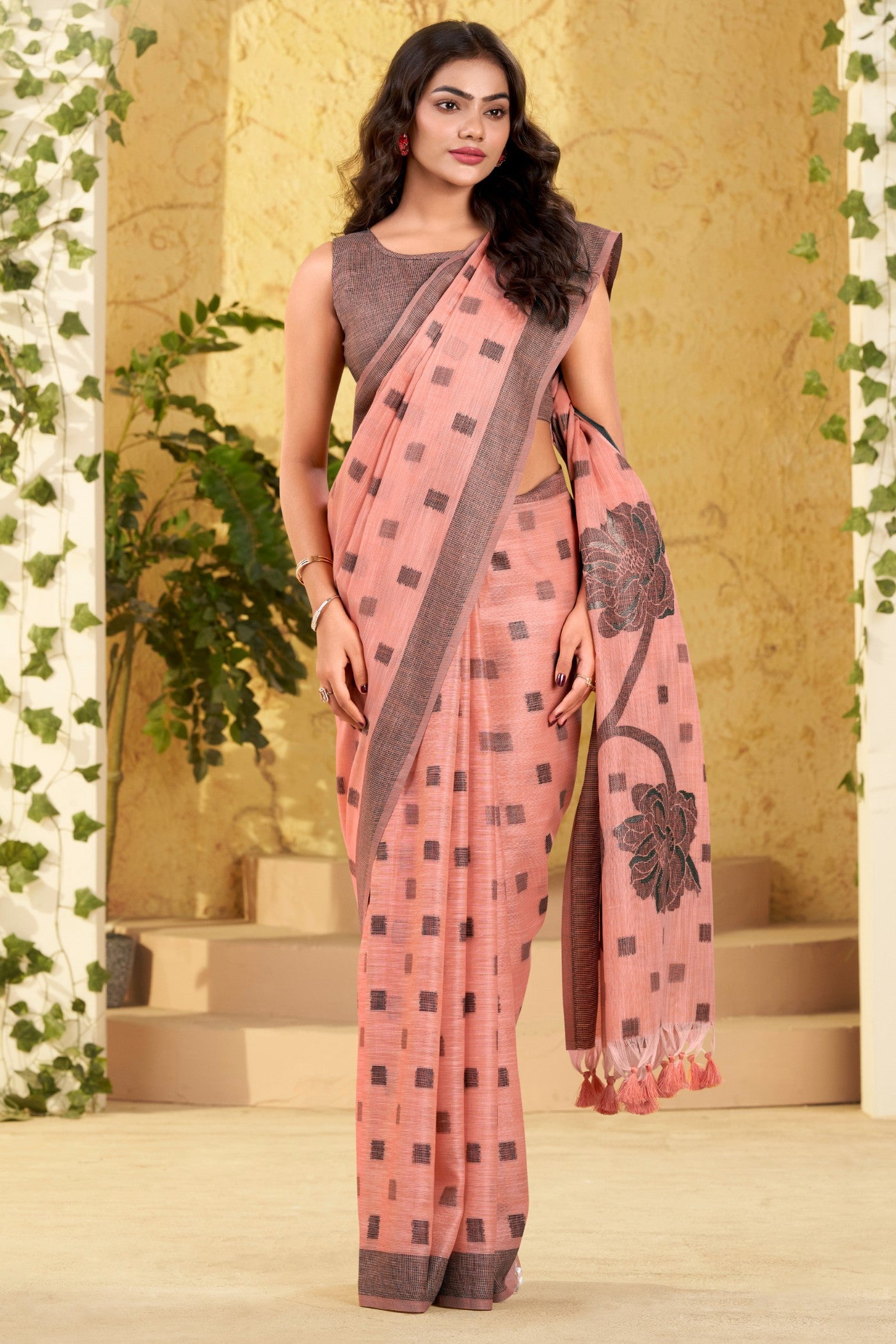 Buy MySilkLove Grapefruit Peach Woven Linen Saree Online