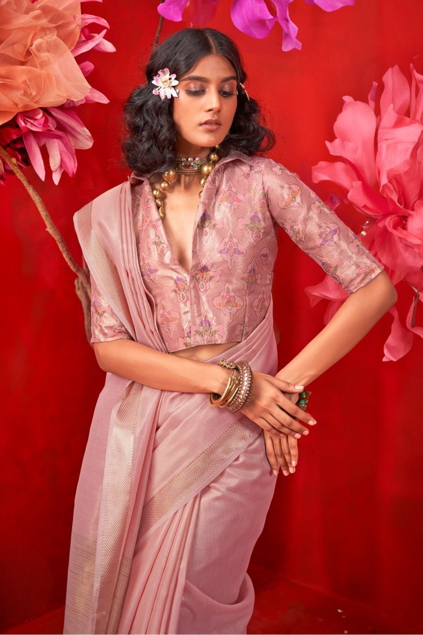 Buy MySilkLove Shilo Pink Tissue Handloom Saree Online