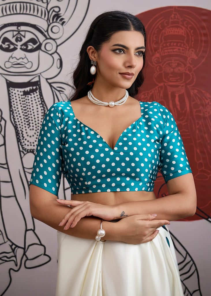 Buy MySilkLove Steel Blue and White Printed Satin Crepe Silk Saree Online