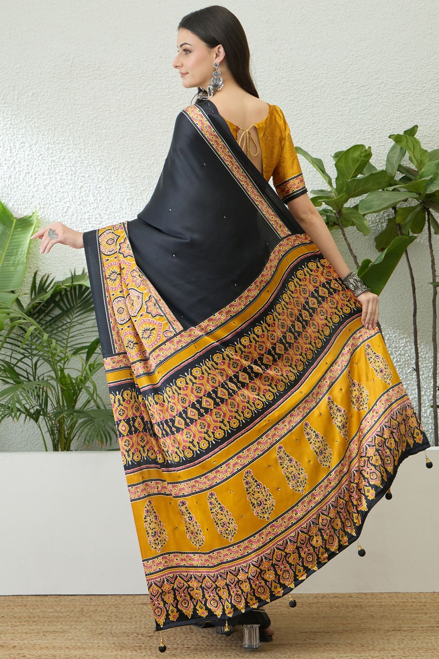 Buy MySilkLove Black Pearl and Yellow Modal Ajrakh Satin Printed Silk Saree Online