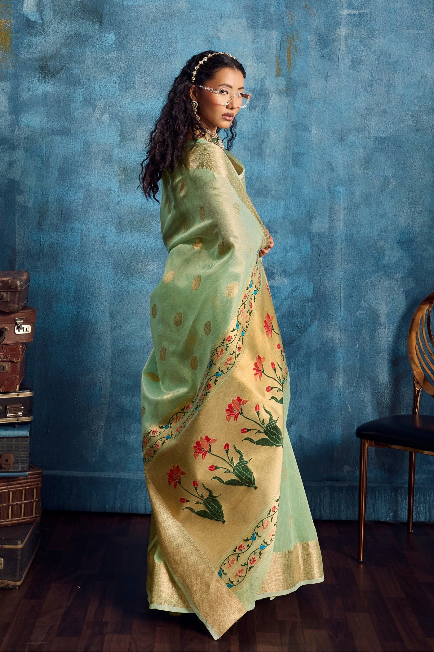 Buy MySilkLove Artichoke Green Zari Woven Tissue Paithani Saree Online
