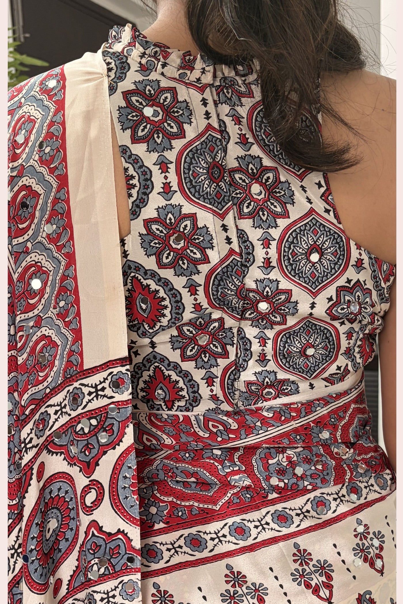 Buy MySilkLove Neutral Beige Modal Ajrakh Satin Printed Mirror Work Saree Online