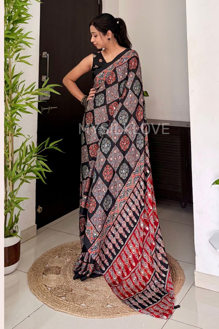 Buy MySilkLove Flint Black Ajrakh Modal Mirror Work Satin Silk Saree Online