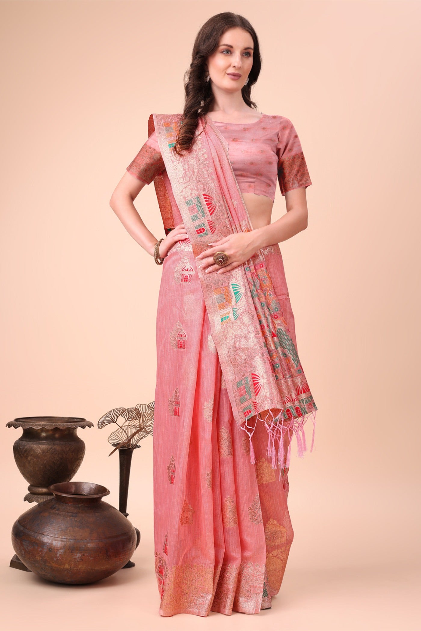 Buy MySilkLove Melon Pink Linen Cotton Saree Online