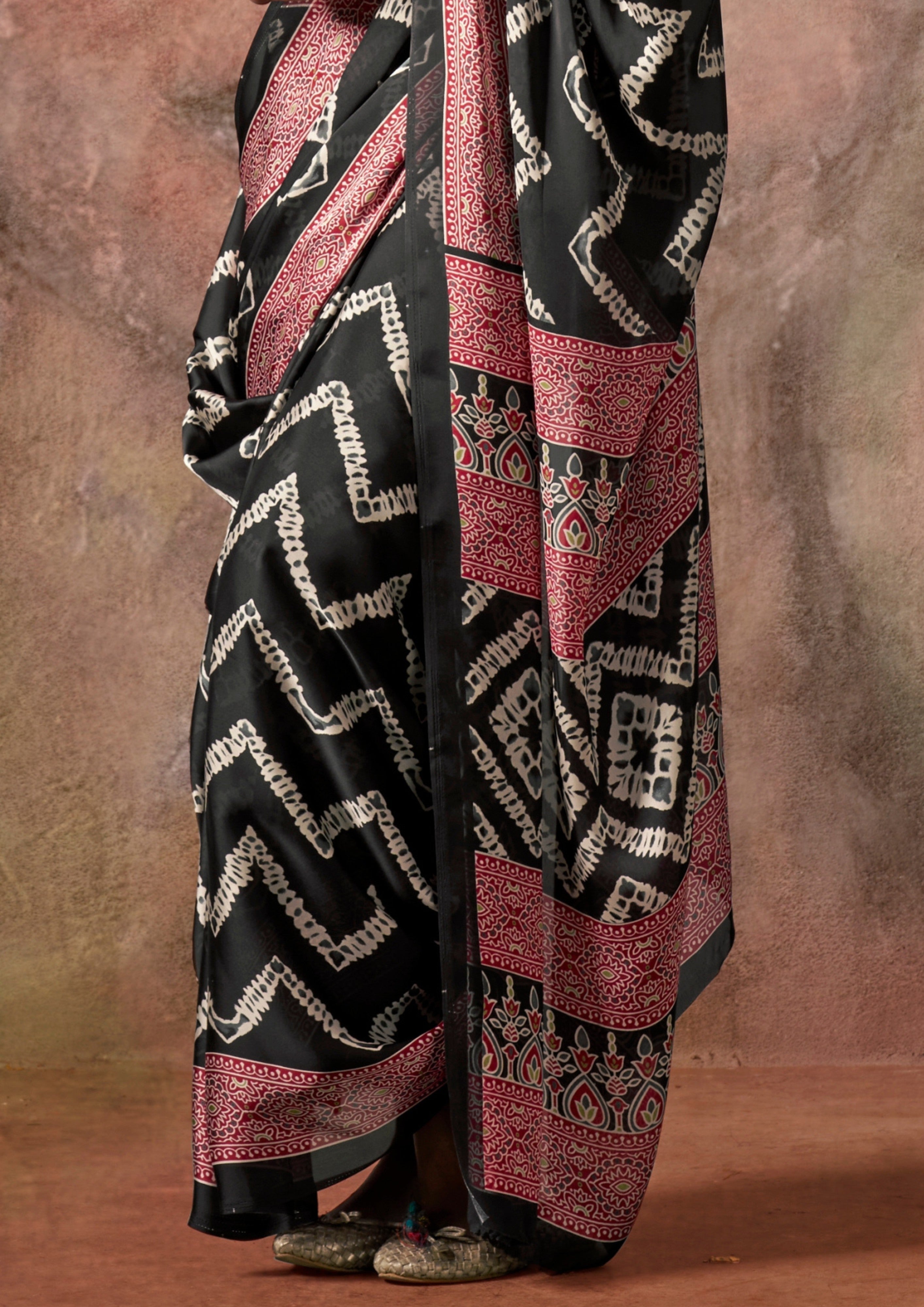 Buy MySilkLove Black Raisins Ajrakh Printed Satin Georgette Silk Saree Online