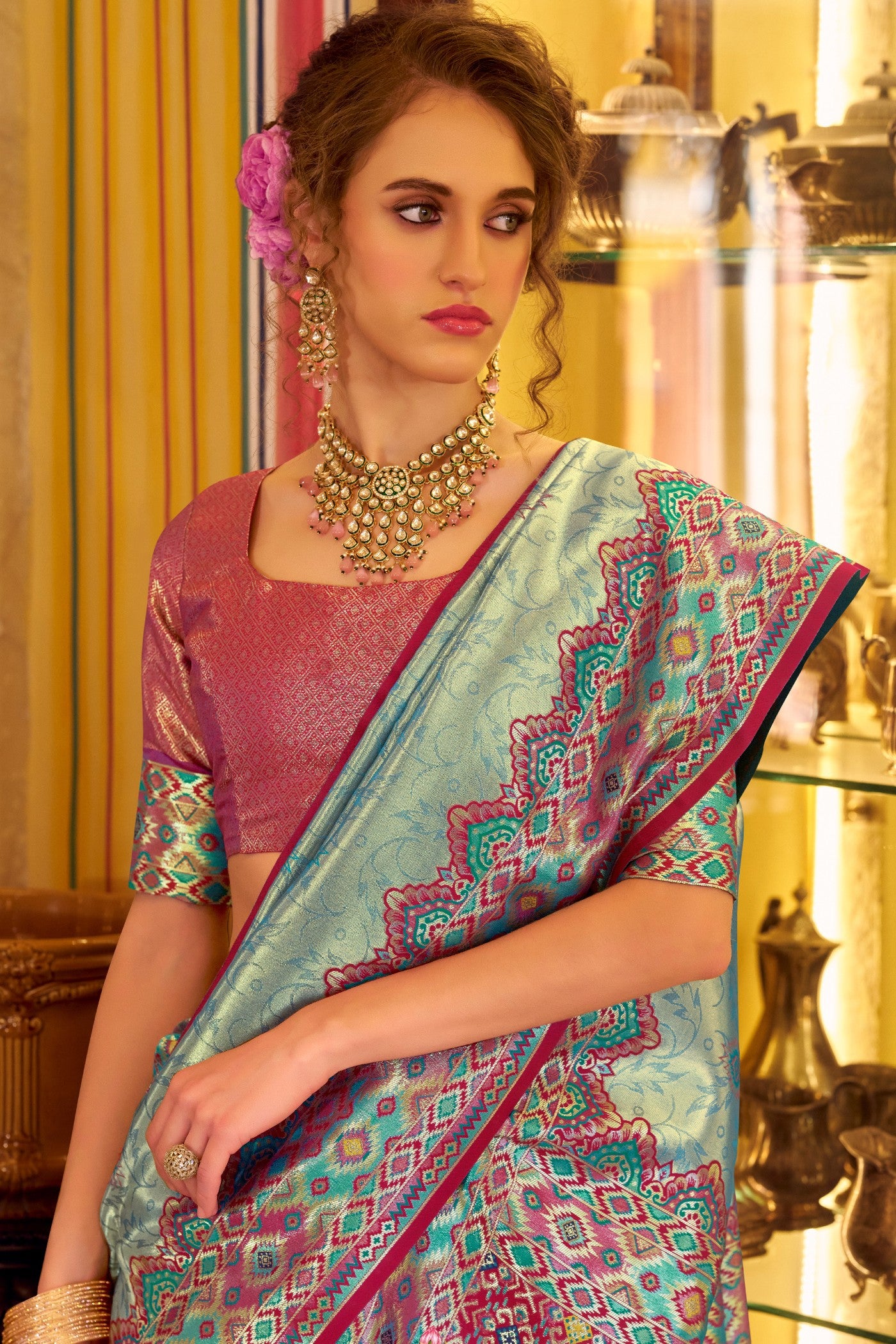 Buy MySilkLove Blue Dewdrop Woven Tissue Patola Silk Saree Online